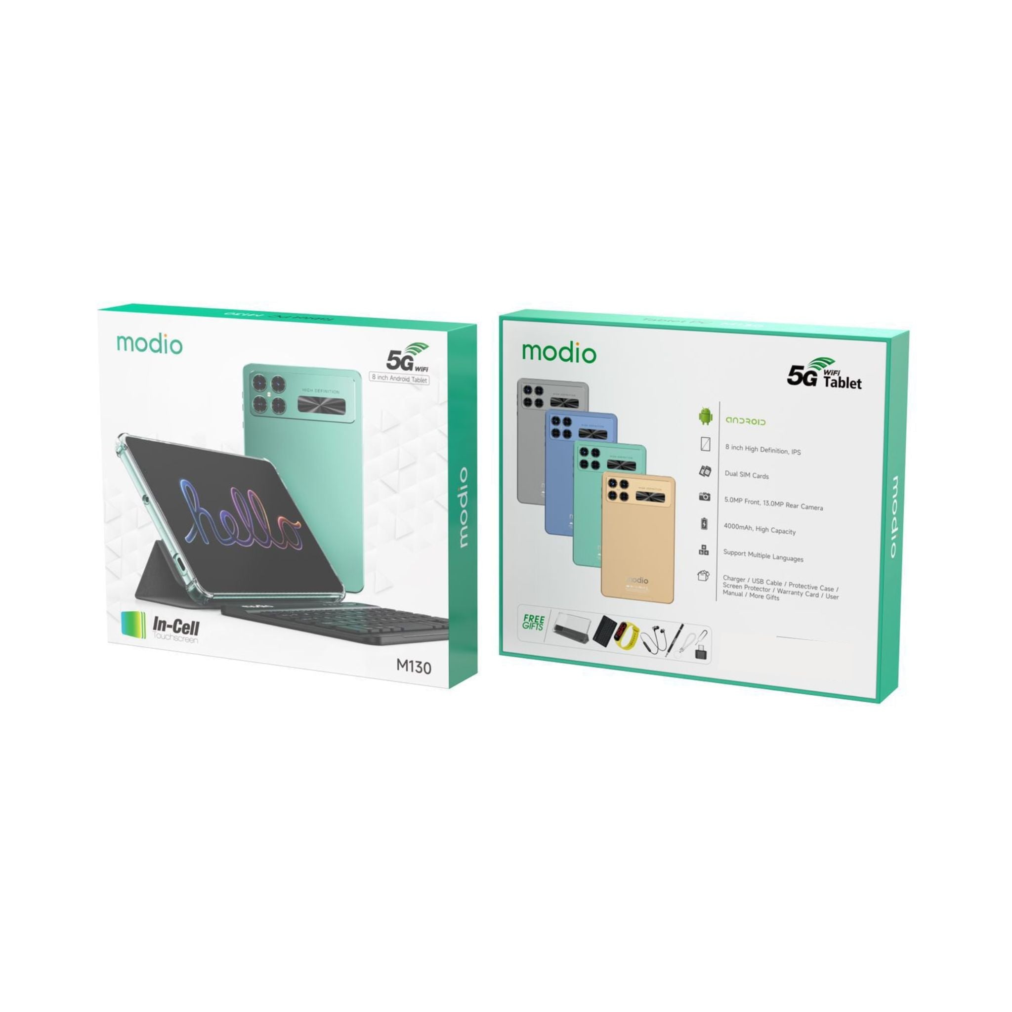 Modio M130 8-inch 5G Wi-Fi Android Tablet – HD IPS In-Cell Touchscreen, 8GB RAM + 512GB Storage, 4000mAh Battery, Free Gifts -Gold