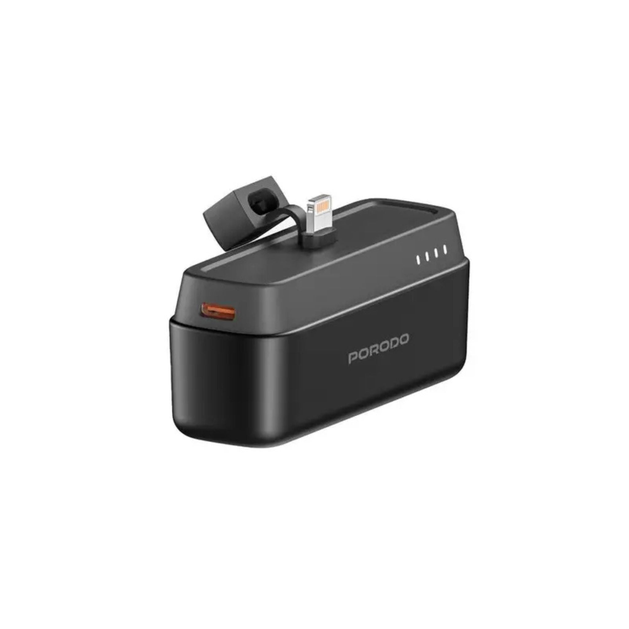 A black Porodo 5000mAh Power Bank with a Lightning Connector for Apple devices. The power bank is small, portable, and has a USB output on one side.