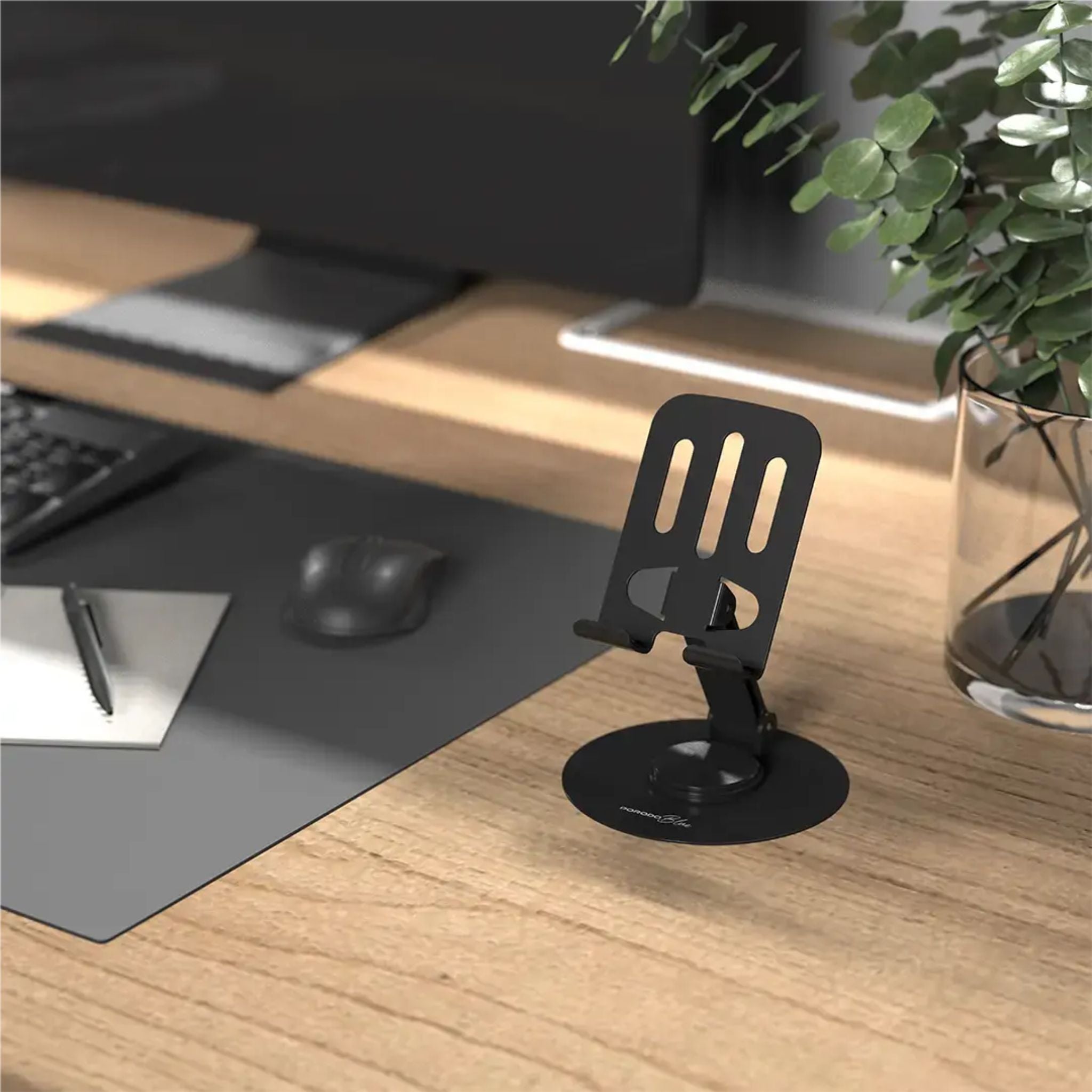 Porodo Blue Desktop Phone Holder with 360° Rotating Base, Foldable Adjustable Arm, Stable Non-Slip Base, Aluminum Alloy & Carbon Steel Build, Universal Compatibility for Horizontal & Vertical Viewing – Black