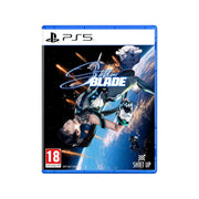 PlayStation 5 game disc for 'Stellar Blade' with a character on a space-themed background.