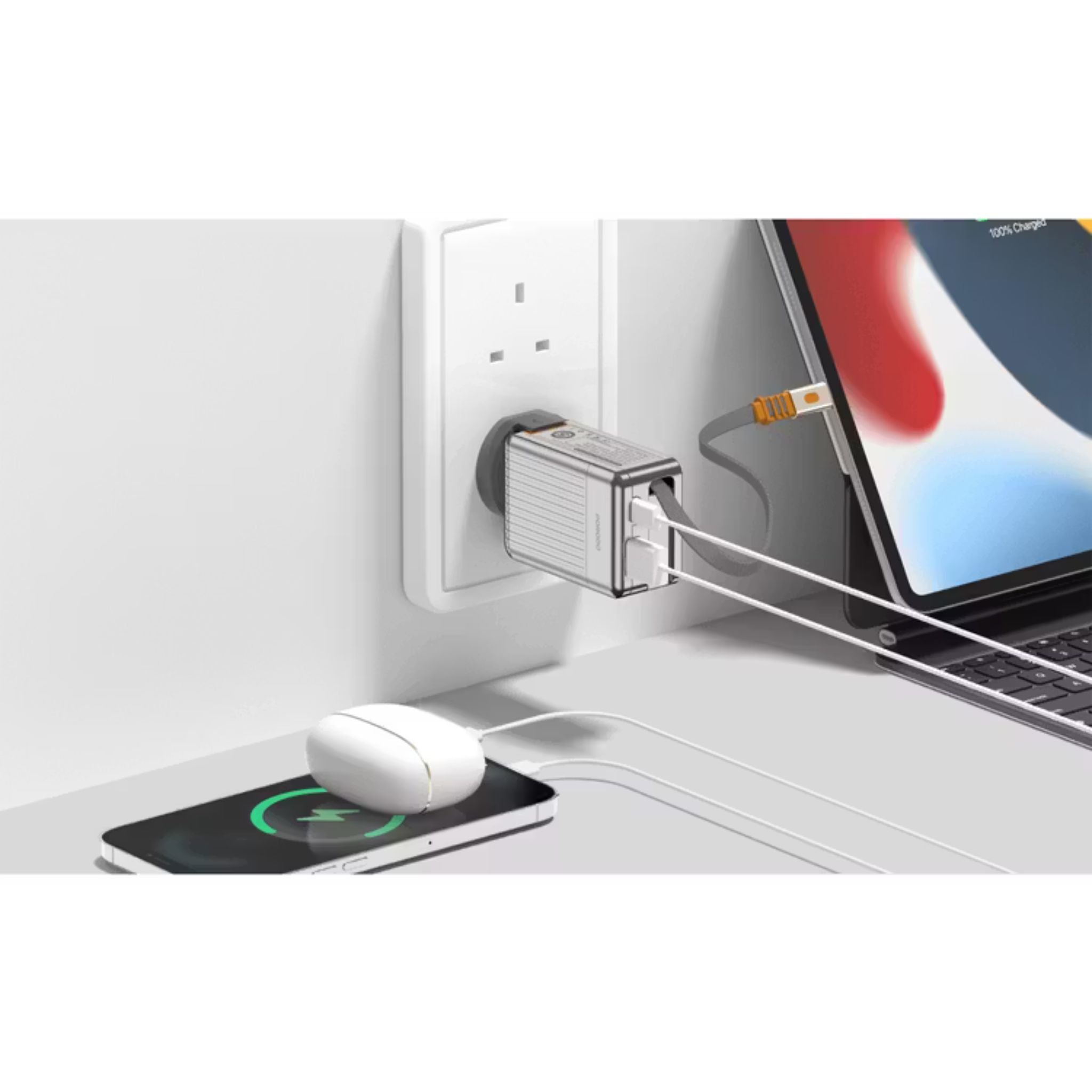 Porodo Super Quick GaN Charger with 75cm Retractable Type-C Cable, 42W Power Delivery, Simultaneous Charging, 22.5W USB-A Output, Built-in Safeguards - Silver