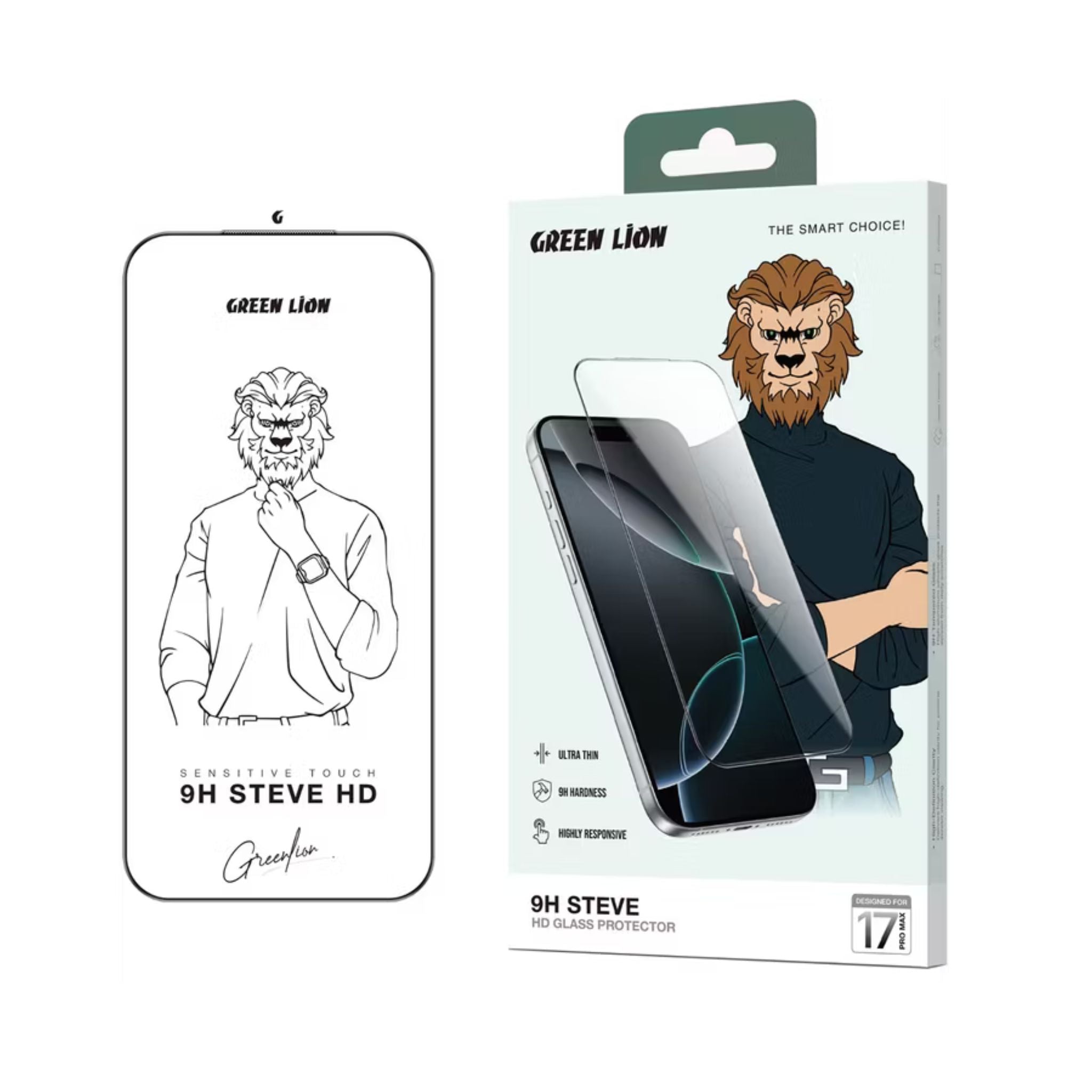 Green Lion 9H Steve Matte Strong Full Glass Protector for iPhone 17 Pro Max, Crystal Clear, Anti-Scratch, Anti-Fingerprint, Grease Resistance, Air Bubble Prevention, Highly Responsive - Clear