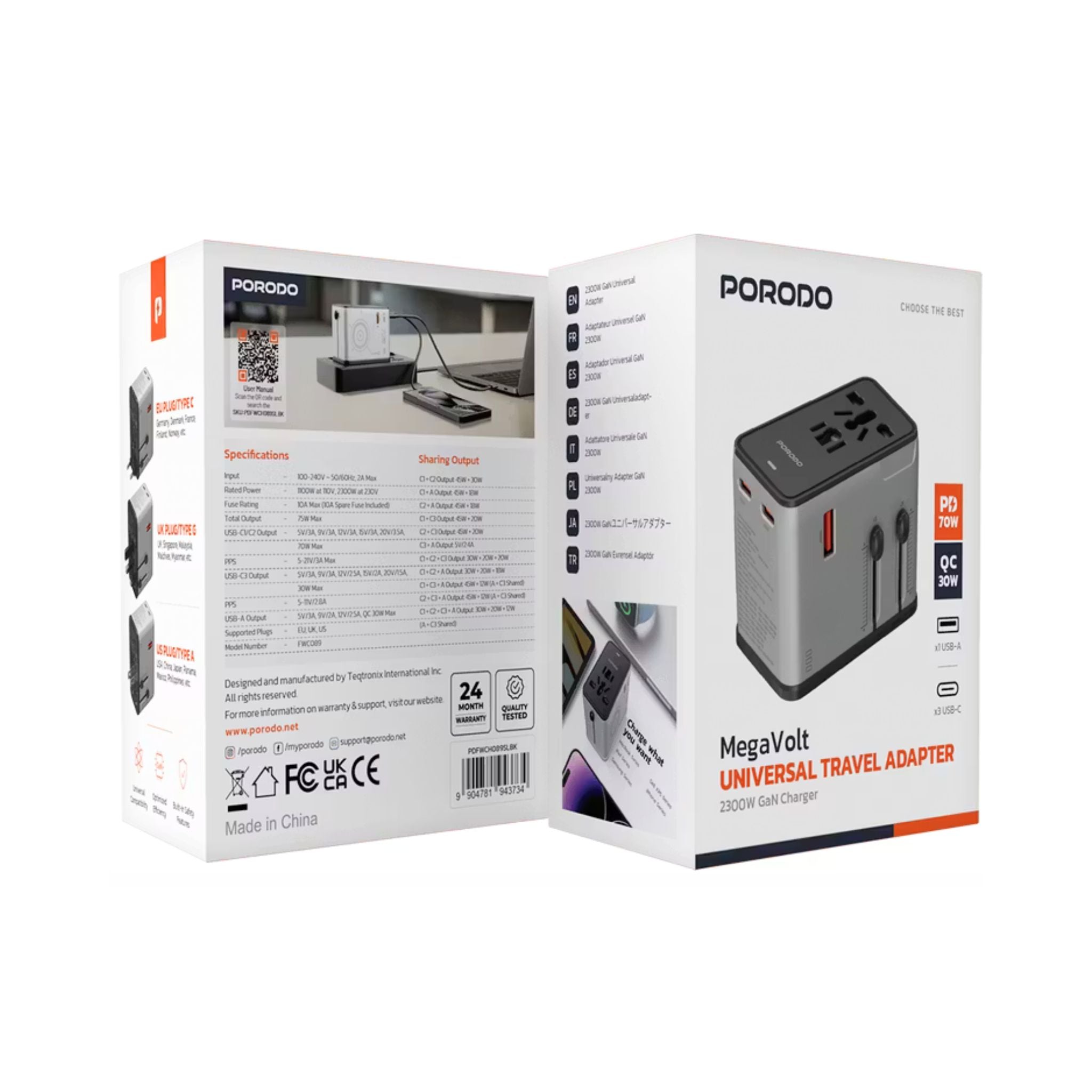 Porodo Mega Volt Universal Travel Adapter with 2300W GaN Charging Technology, Single USB-A & ×3 USB-C Ports, PD 70W, QC 30W, Multiple Device Charging, EU / UK / US Power Plugs, Universal Compatibility - Silver / Black
