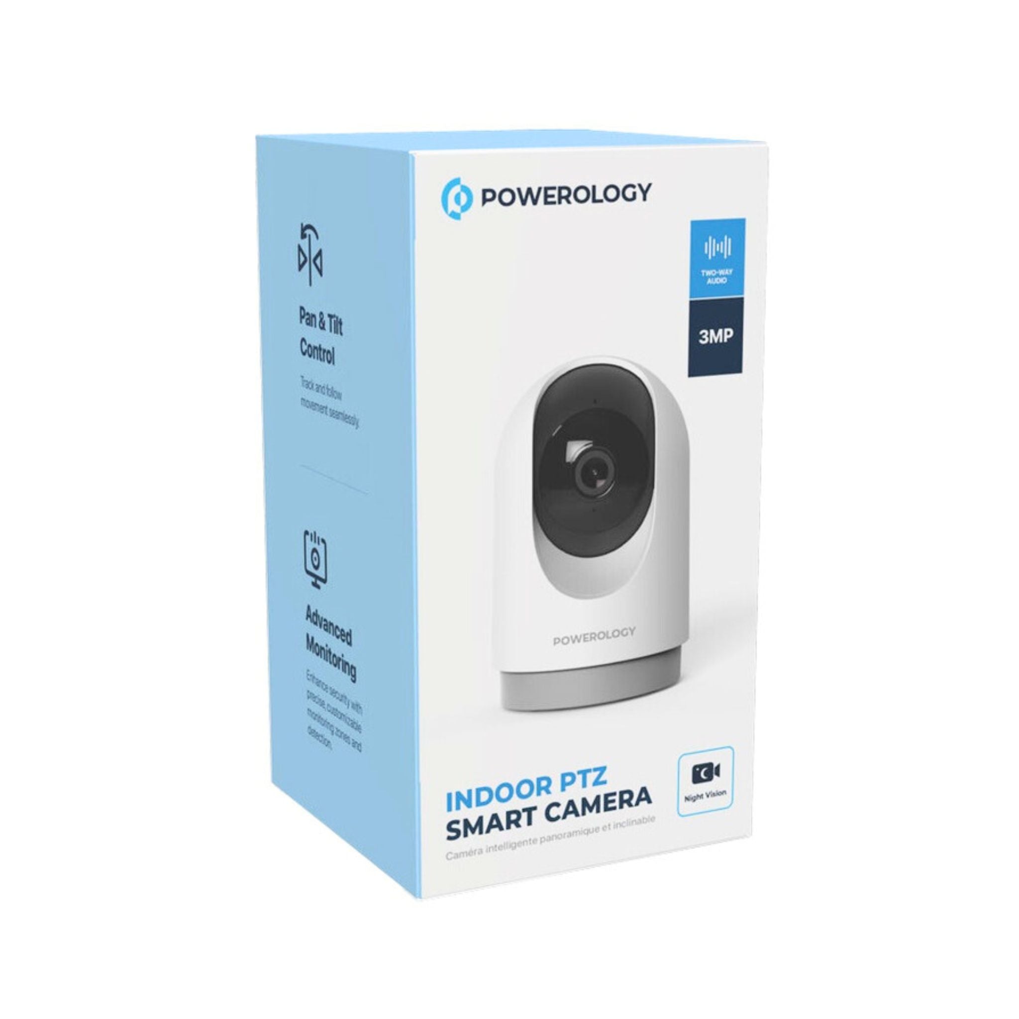 Powerology Indoor PTZ Smart Camera, 3MP 2304×1296 Resolution, Pan & Tilt Control, Human Detection, Motion Sensor, Two-Way Audio, Night Vision 8–10m, 2.4GHz Wi-Fi, TF Card Support up to 256GB, Android & iOS Compatible – White