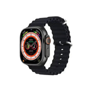 A black Telzeal TC4G smart watch with a silicone band and a large circular screen displaying multiple dials and indicators.