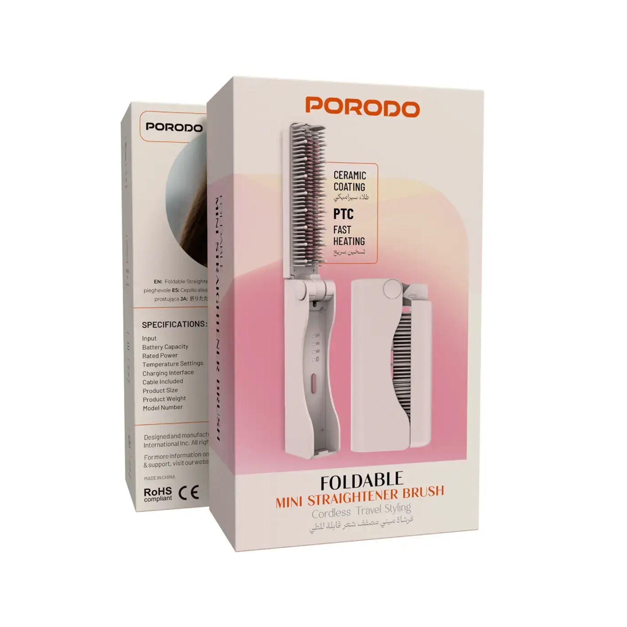 Porodo Foldable Mini Straightener Brush, Cordless Hair Styler, 3 Heat Modes 160°C/180°C/200°C, Ceramic-Coated Teeth, USB-C Fast Charging, Auto Shut-Off, Portable Travel Design- Pink