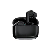 Black wireless earbuds in an open charging case on a white background