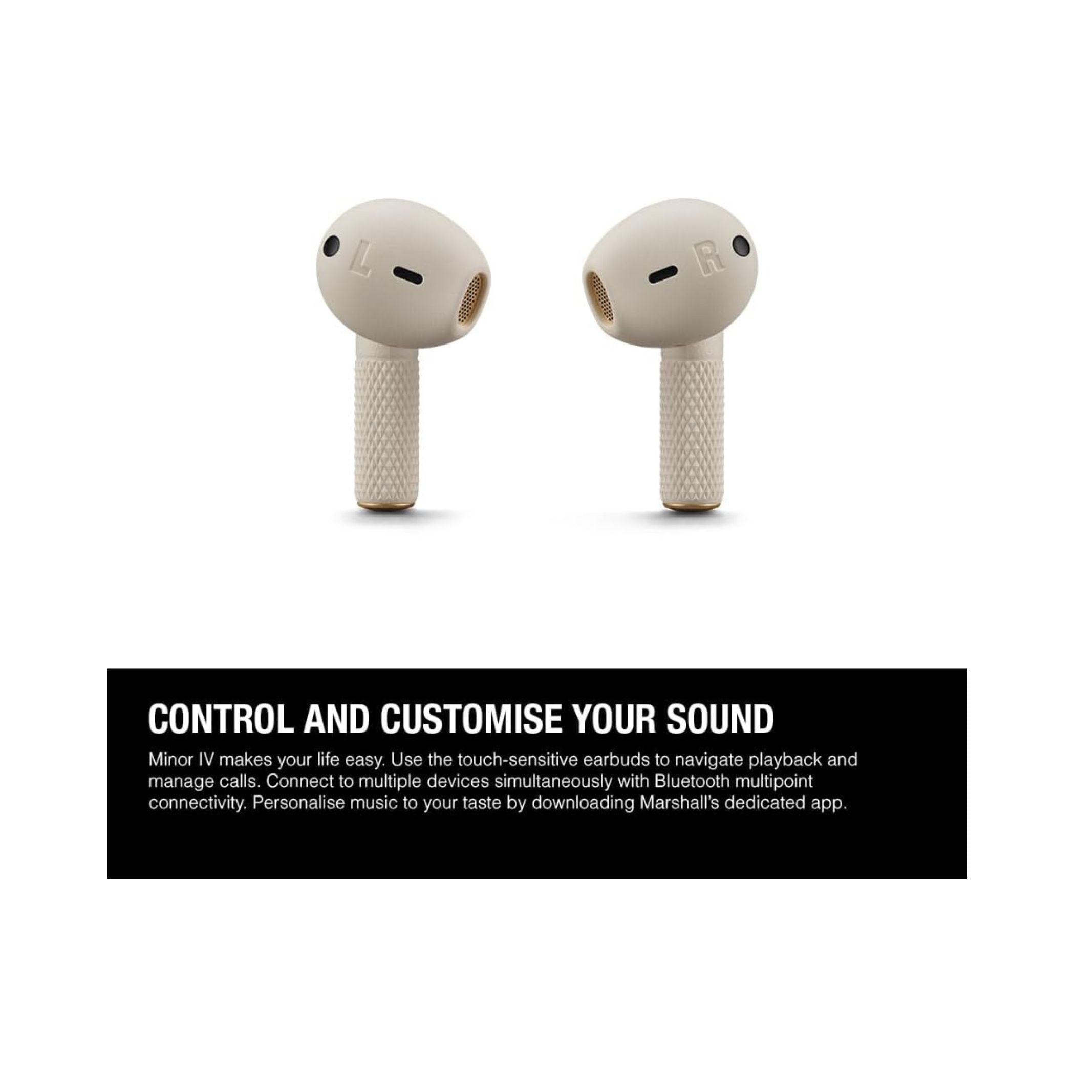 Marshall Minor IV Wireless Earbuds with Active Noise Cancellation, Waterproof, 12mm Driver Size, Bluetooth Version 5.3, Up to 30 Hours Playtime, Touch Control- Cream
