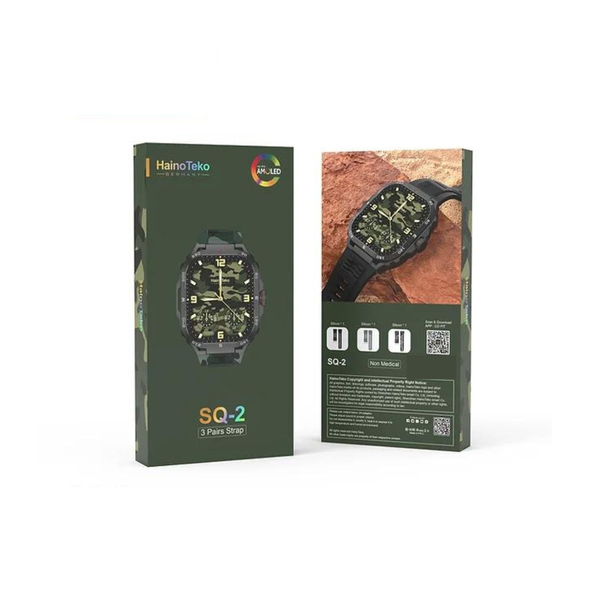 Haino Teko Germany SQ2 AMOLED Smartwatch with 3 Strap Pairs & Wireless Charger – Black (Men & Boys)