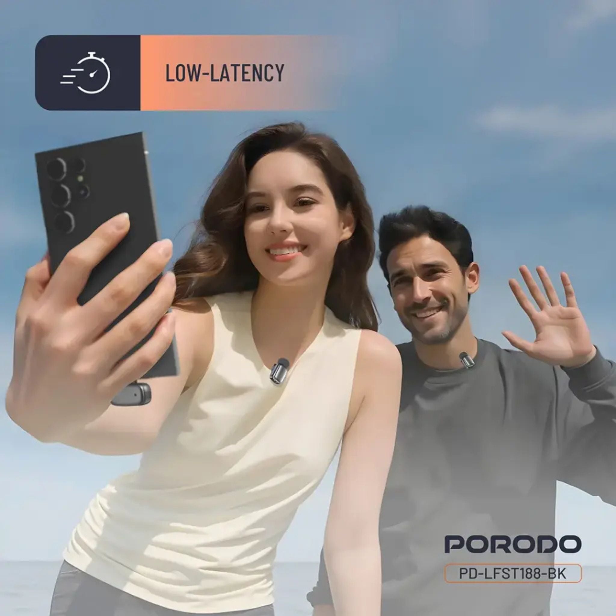 Porodo Wireless Lavalier Microphones Type-C, 2.4GHz, Noise Reduction, <22ms Low Latency, 33H Total Playtime, Plug & Play, Clear Audio Recording System-Black