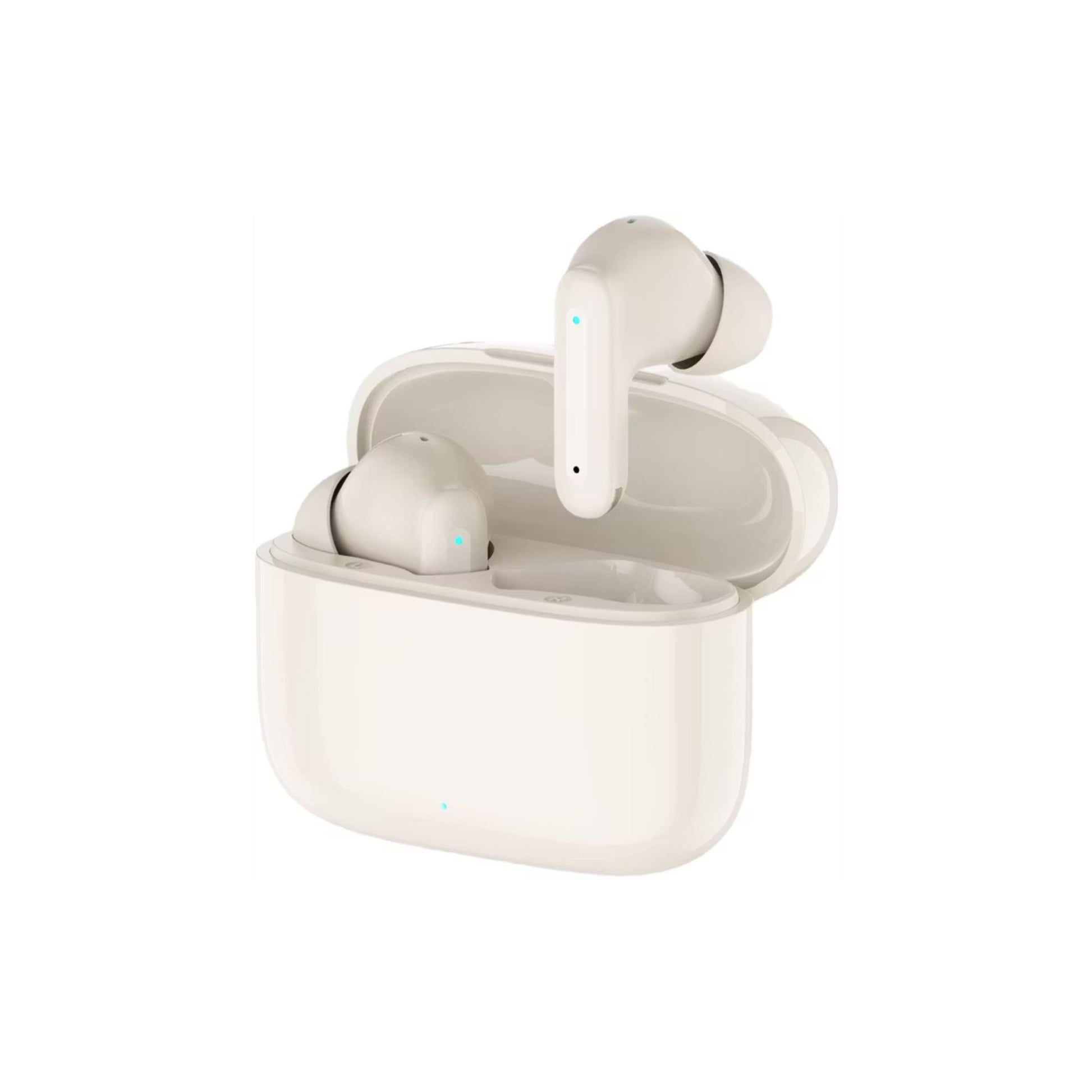 Beige wireless earbuds with charging case on a white background