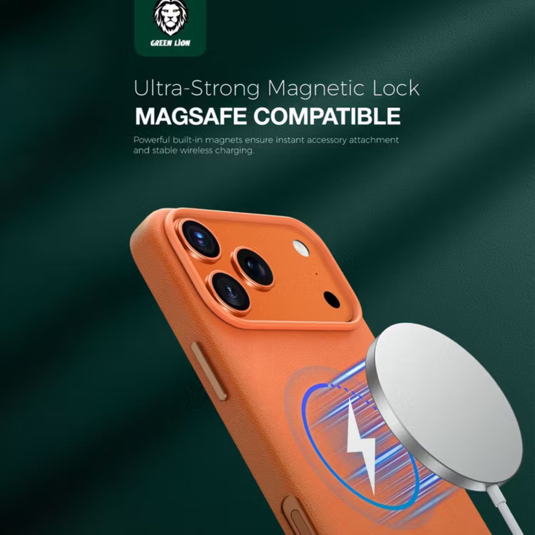 Green Lion Leather MagSafe Case for iPhone 17 Pro Max, Drop & Camera Protection, Anti-Scratch, Comfortable Grip - Orange