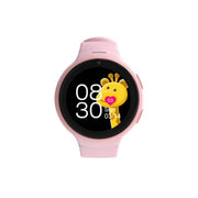A pink Porodo 4G Kids GPS Smart Watch with a clear display showing time and a cartoon character.
