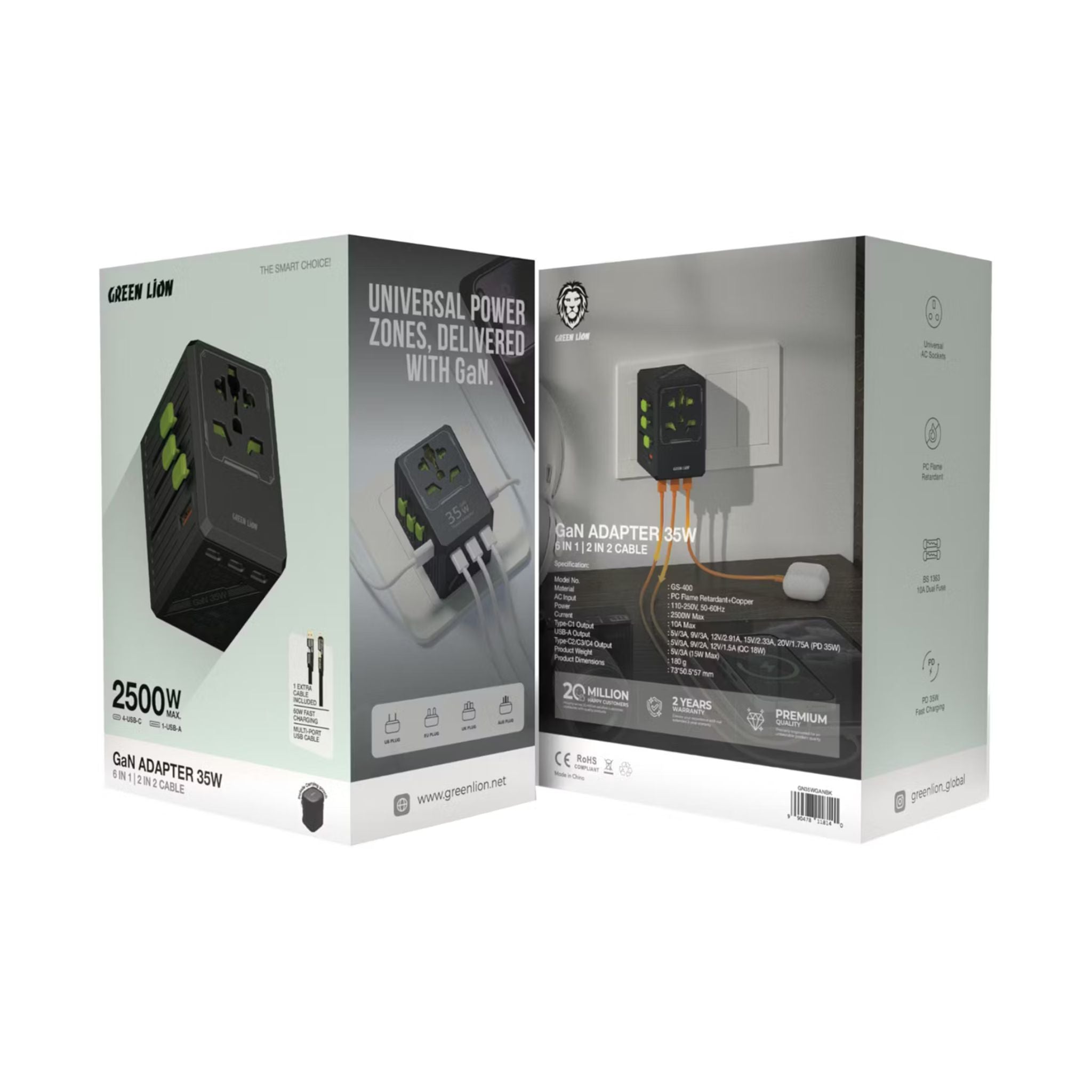 Green Lion GaN Adapter 6-in-1 & 2-in-2 Cable, PC Flame Retardant & Copper Material, PD 35W Fast Charging, Universal AC Sockets - Black