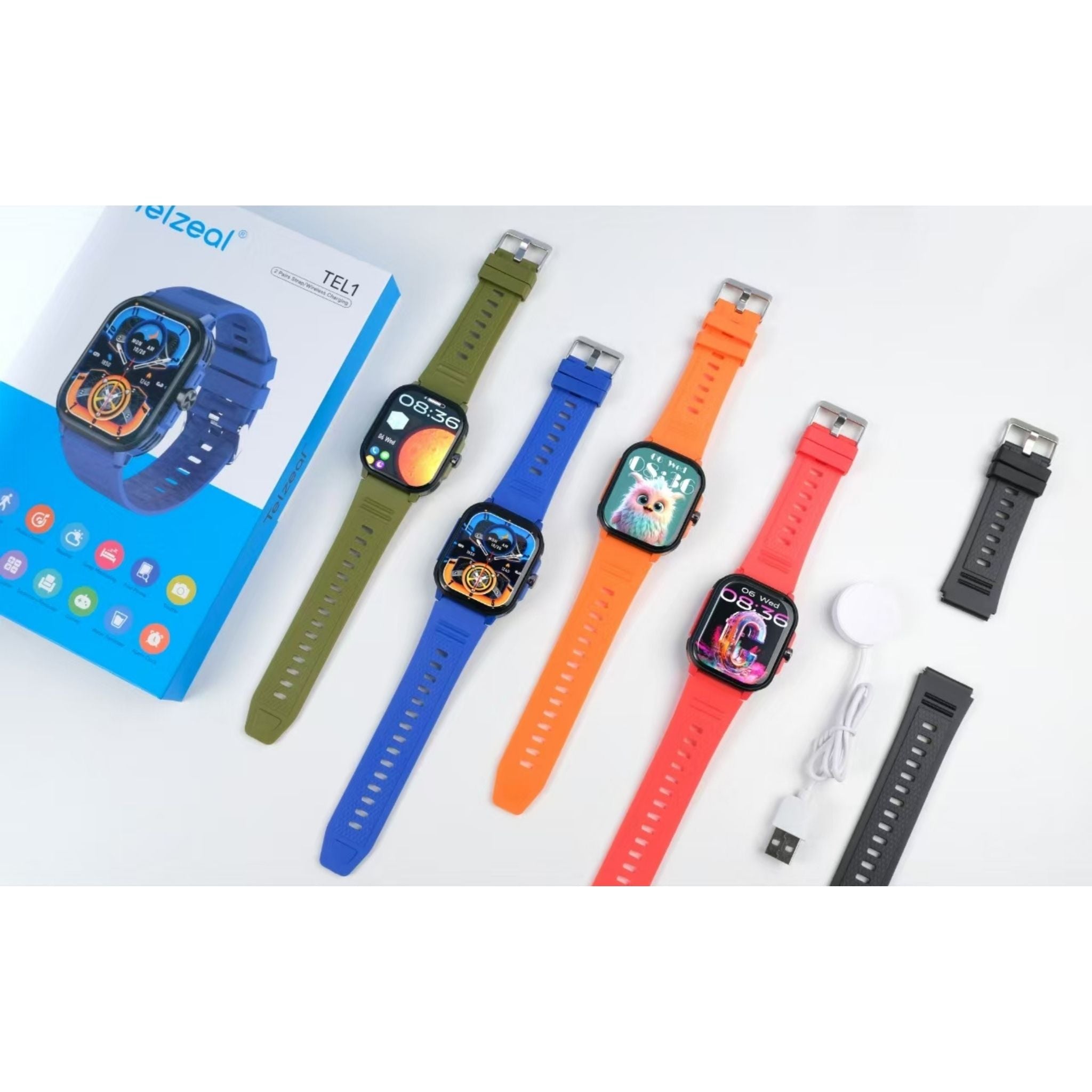Telzeal T1 1.5 Inch AMOLED Display Smart Watch With IP67 Waterproof and 4 Pair Strap - Green