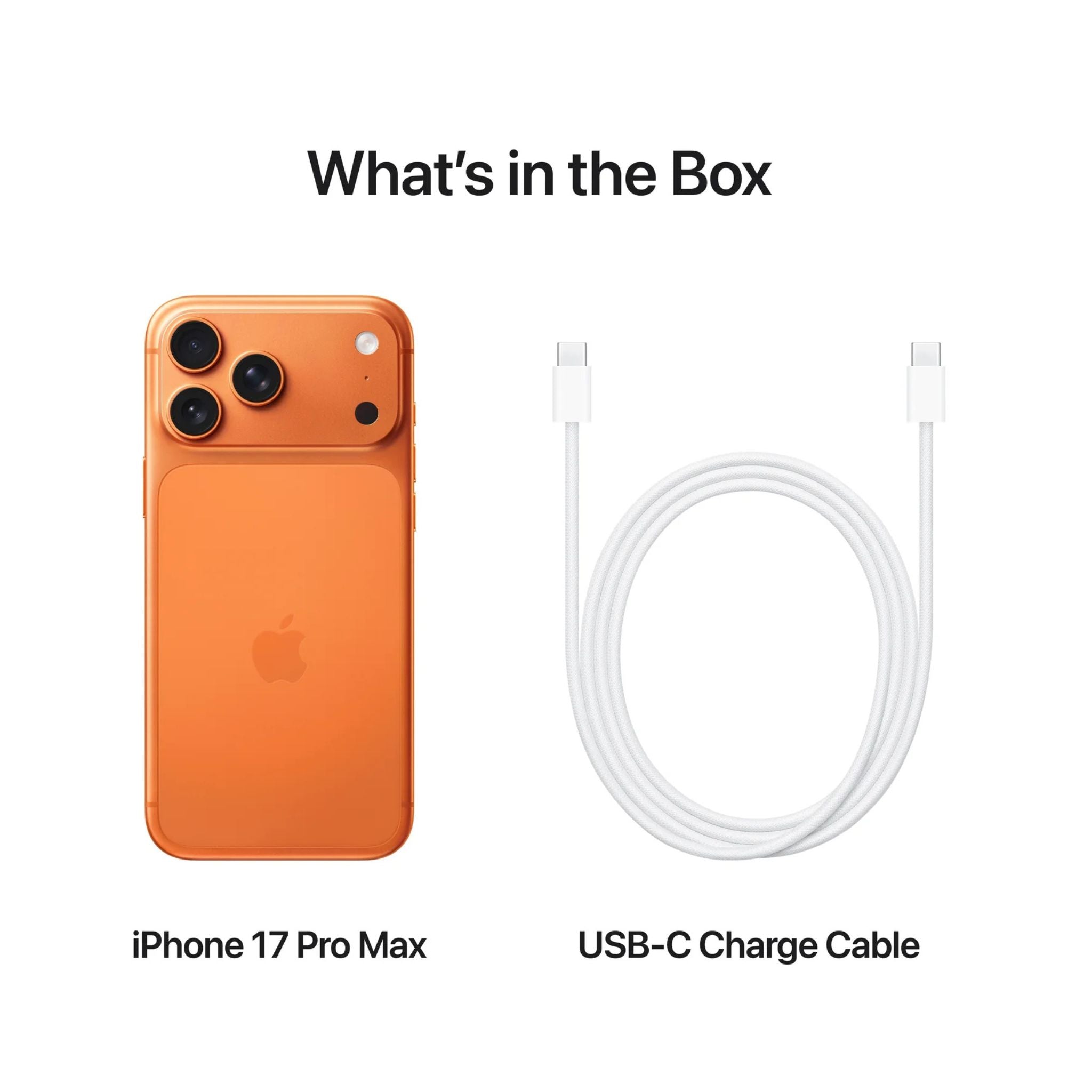 Orange iPhone 17 Pro Max and USB-C charge cable on a white background with text 'What's in the Box'.