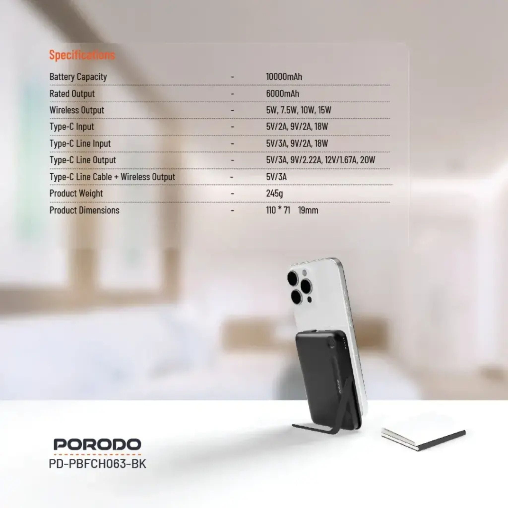 Porodo 10000mAh Power Bank with Built-in Type-C Cable & Stand, Strong Magnetic Hold, 20W Power Delivery, Fast Charging Support, 15W Wireless Output - Black