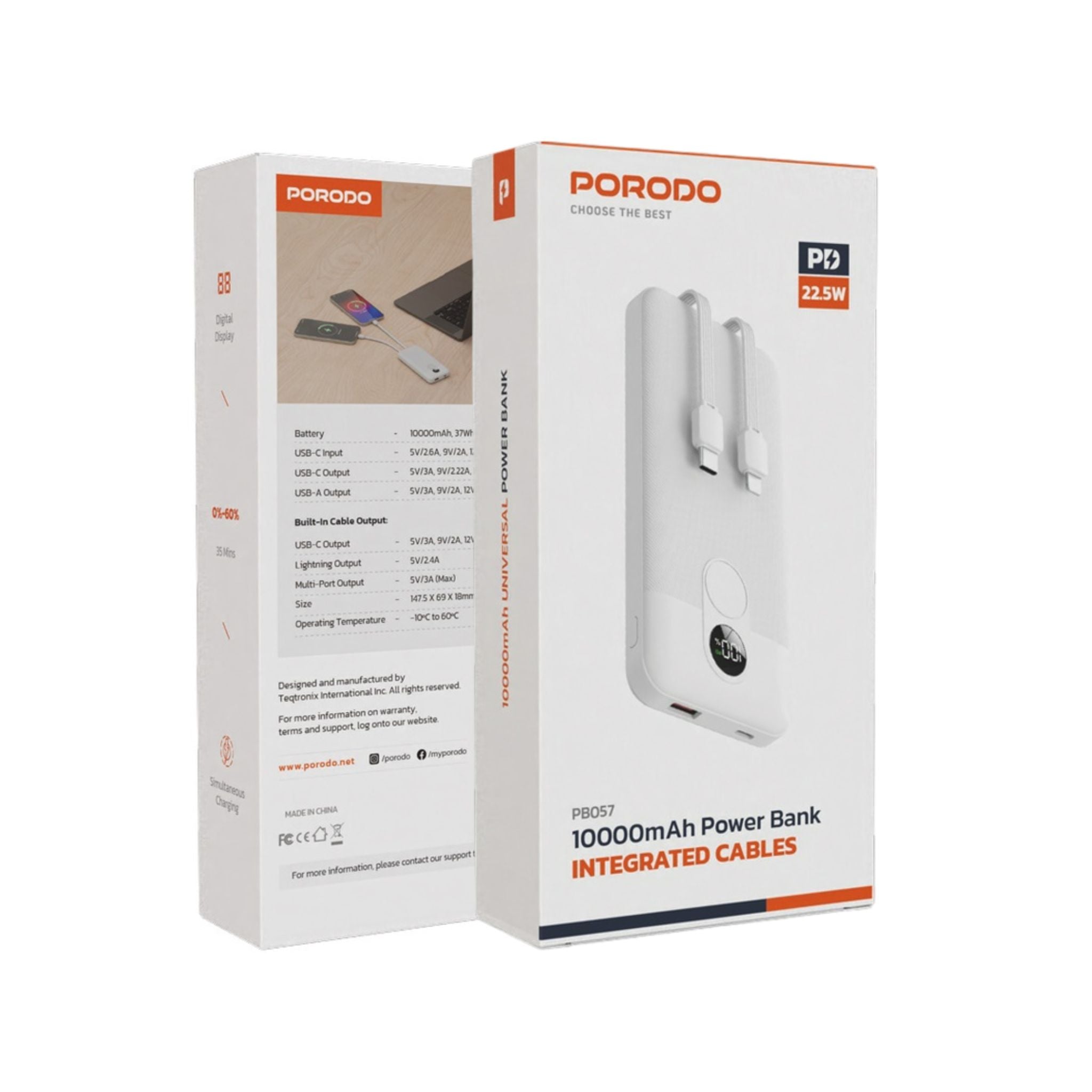 Porodo 10000mAh Power Bank with Built-in Type-C & Lightning Cables, 22.5W Power Delivery, Simultaneous Charging, 0%-60% Charge in 35 Minutes, Digital Display - White