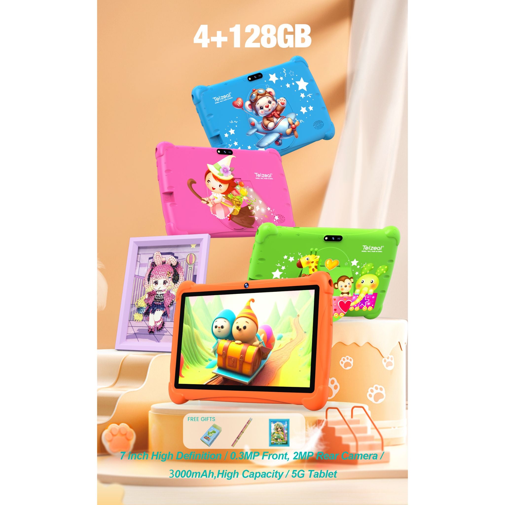 Telzeal  P602,  7" HD Android Tablet (4+128gb)– 3000mAh, WiFi, Dual Cameras (Blue) + Free Gifts