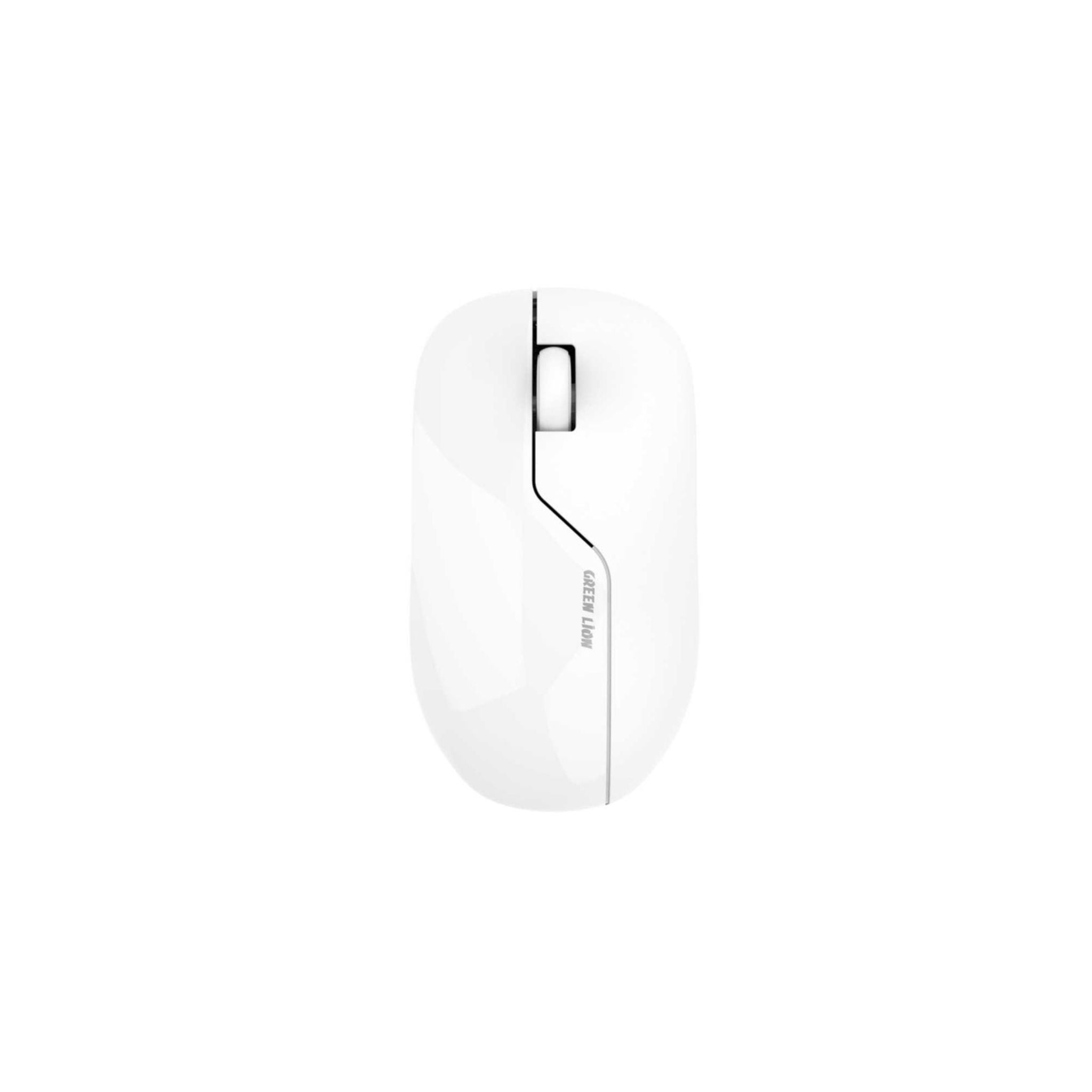 A white Green Lion G730 wireless mouse with a visible scroll wheel and three buttons on the side.