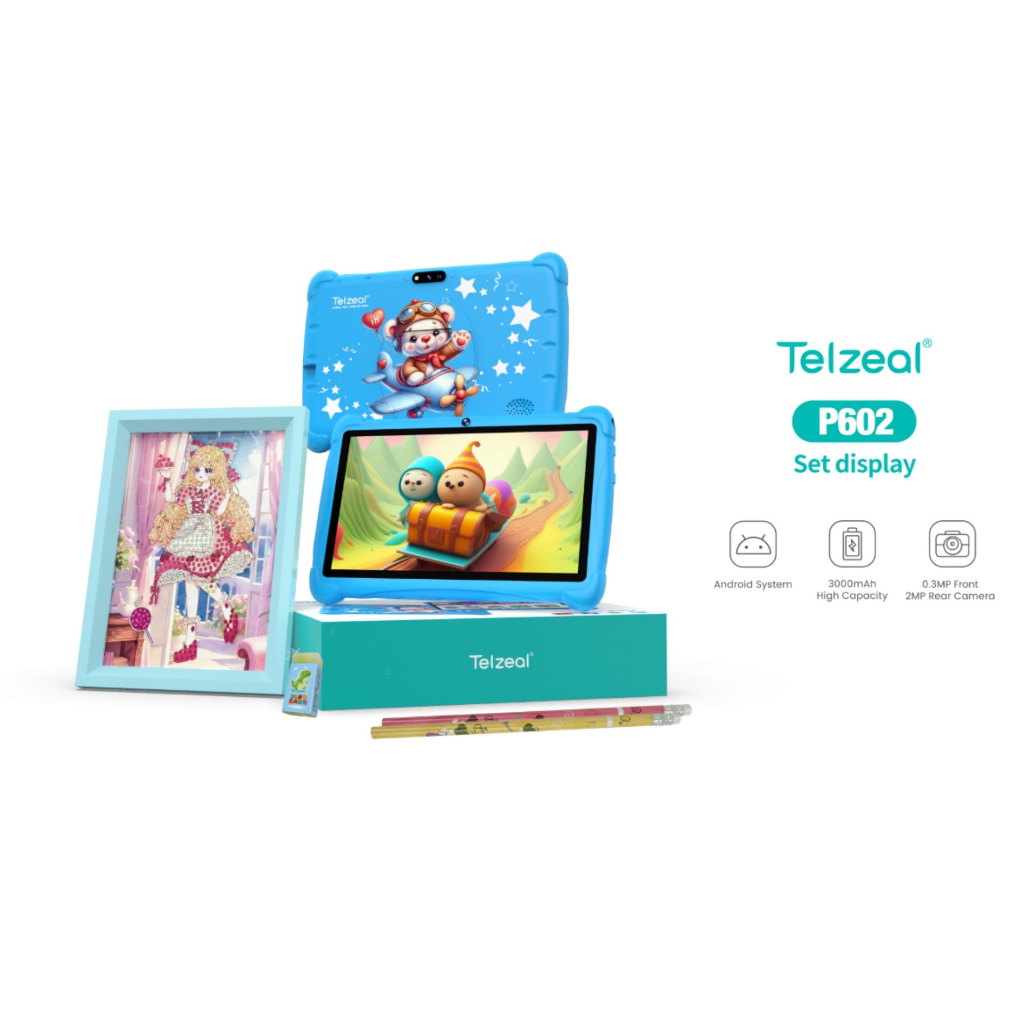 Telzeal P602 Kids Android Tablet – 7" HD Display, 4GB RAM, 128GB Storage, Wi-Fi, Dual Cameras, 3000mAh Battery, with Stylus, Screen Protector & Case – Green