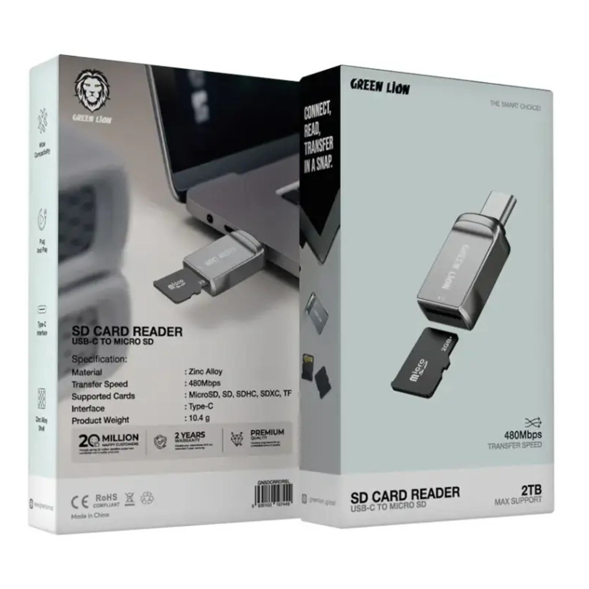 Green Lion SD Card Reader, USB-C to Micro SD, 480Mbps Transfer Speed, Zinc Alloy Material, Plug & Play, Wide Compatibility, Connect, Read & Transfer in a Snap - Silver