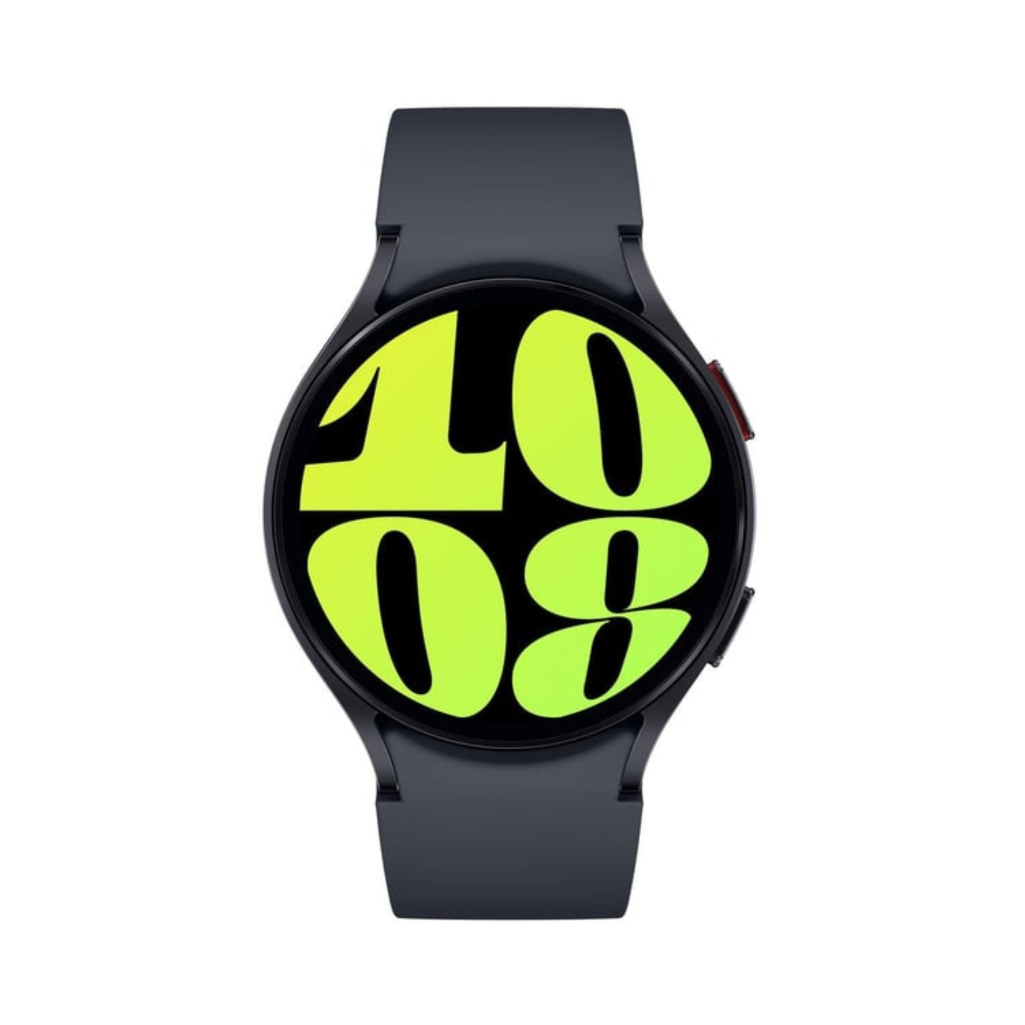 Samsung Galaxy Watch 6 with a black band and a digital display showing the time in a bold, neon font.