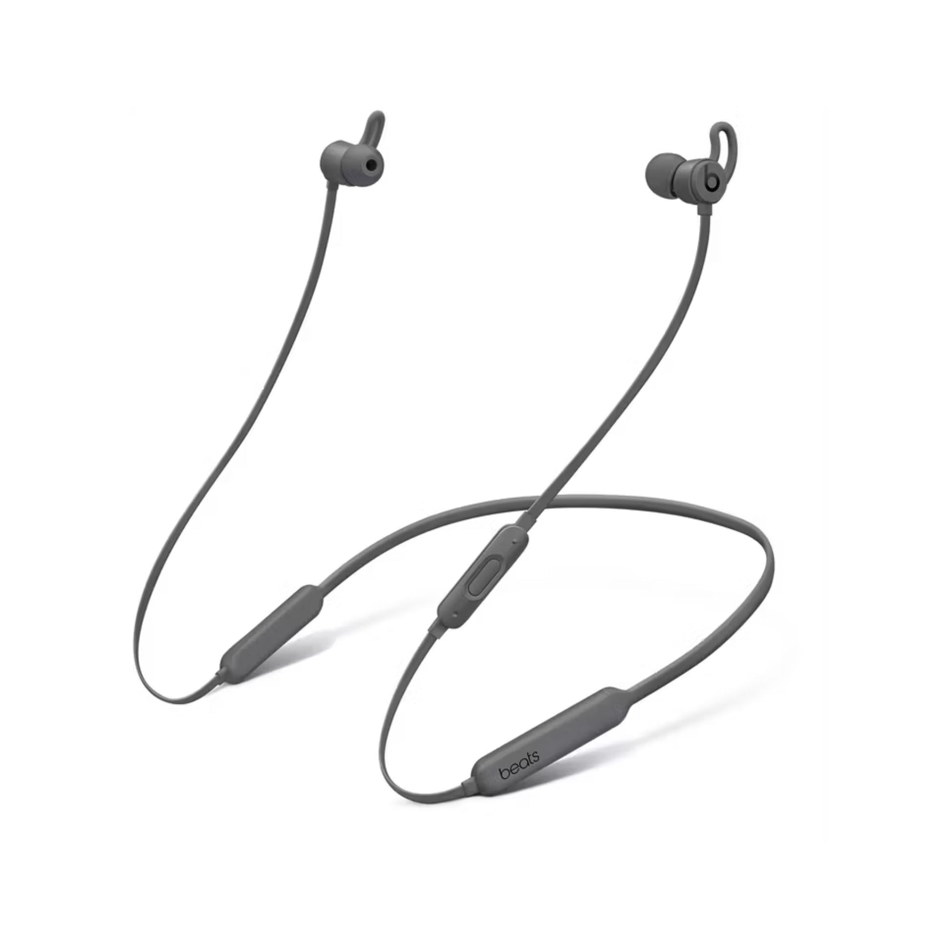 A pair of gray BeatsX wireless in-ear headphones with a flexible cable and wingtips for a secure fit.