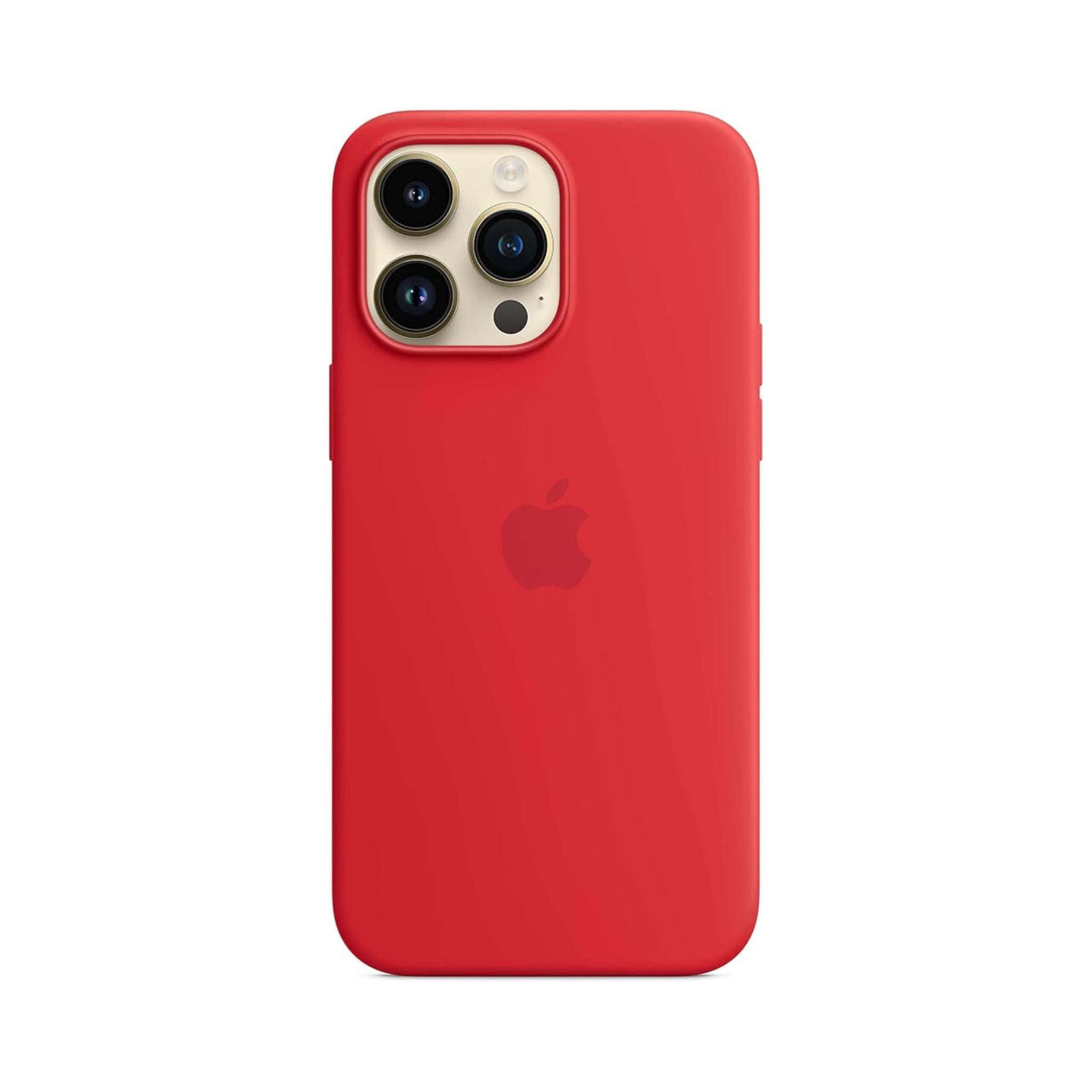 A red silicone case for the Apple iPhone 14 Pro Max, featuring a clear back and a MagSafe attachment point.