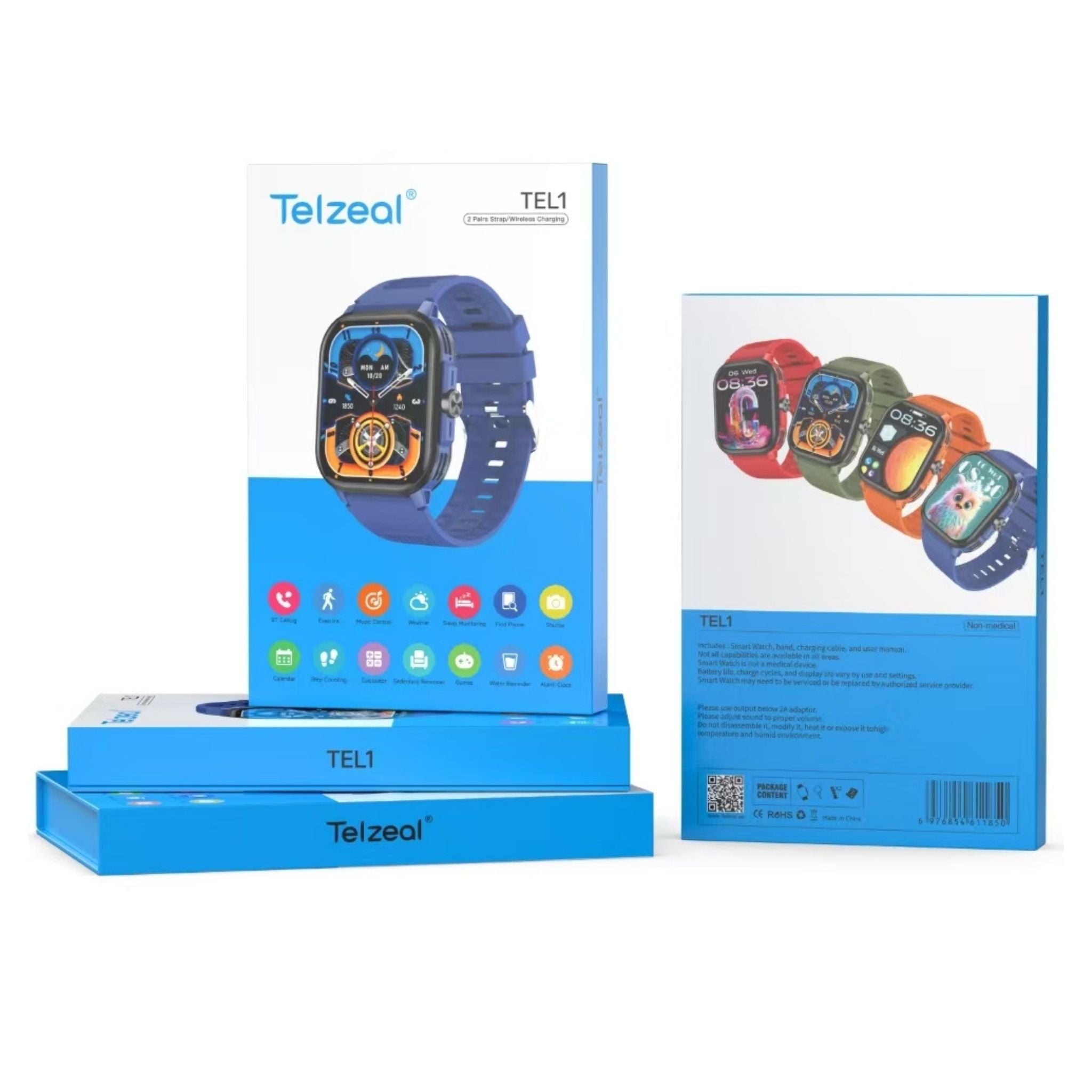 Telzeal T1 1.5 Inch AMOLED Display Smart Watch With IP67 Waterproof and 4 Pair Strap -Red