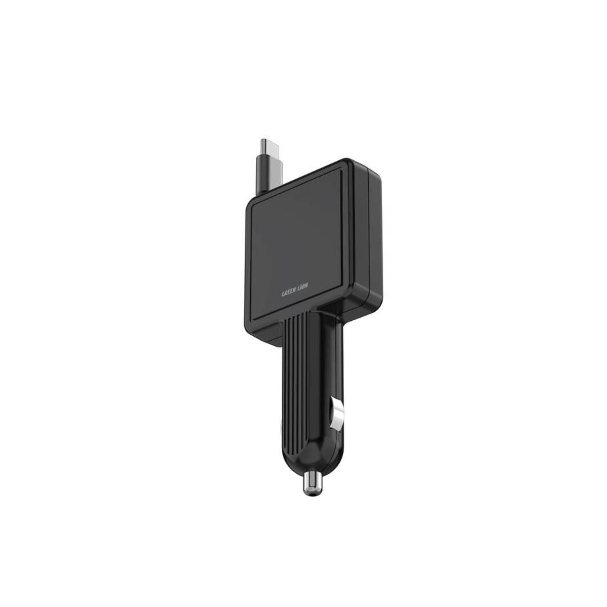 A black retractable Green Lion 30W car charger with a USB-C cable output, plugged into a car's cigarette lighter port.