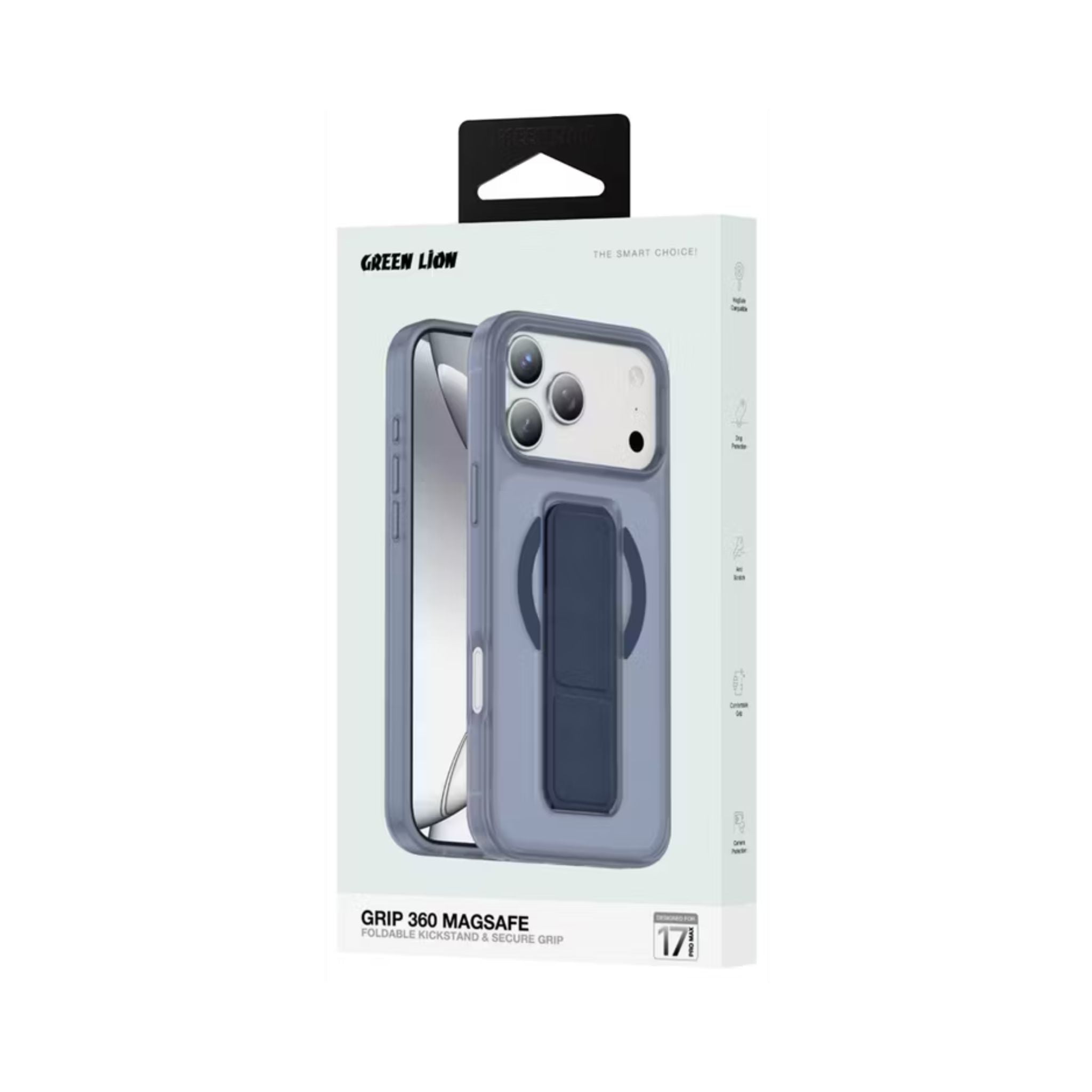 Green Lion Grip 360° MagSafe Case for iPhone 17 Pro Max, Up to 3500gs Force Impact Resistance, Foldable Stand, Strong Magnets, Drop Protection, Anti-Scratch, Leather Grip Strap, Camera Protection, Horizontal & Vertical Features - Blue Titanium