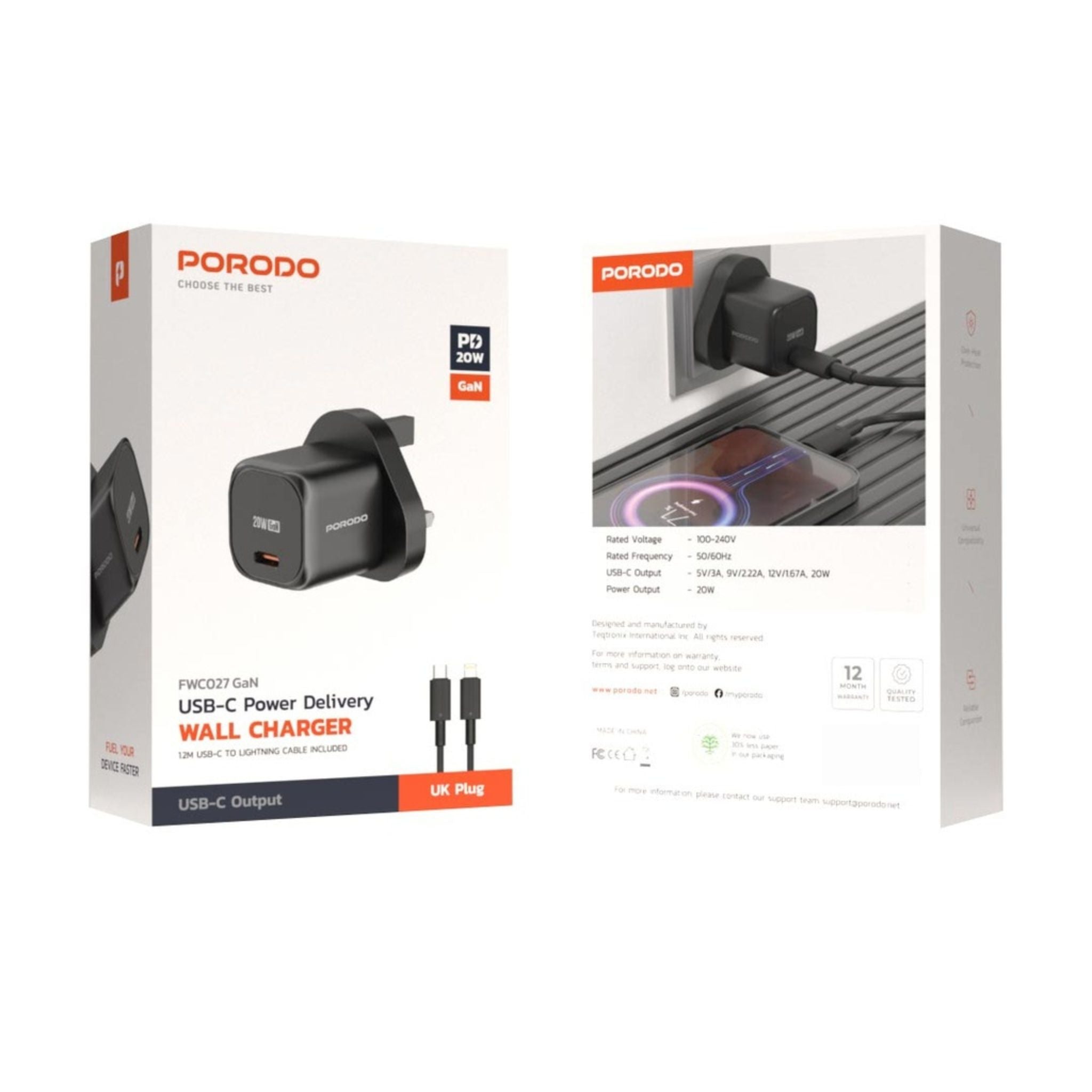 Porodo PD 20W UK Fast Charger with USB-C to USB-C Cable, 20W Power Output, Over-Heat Protection, Reliable Companion - Black