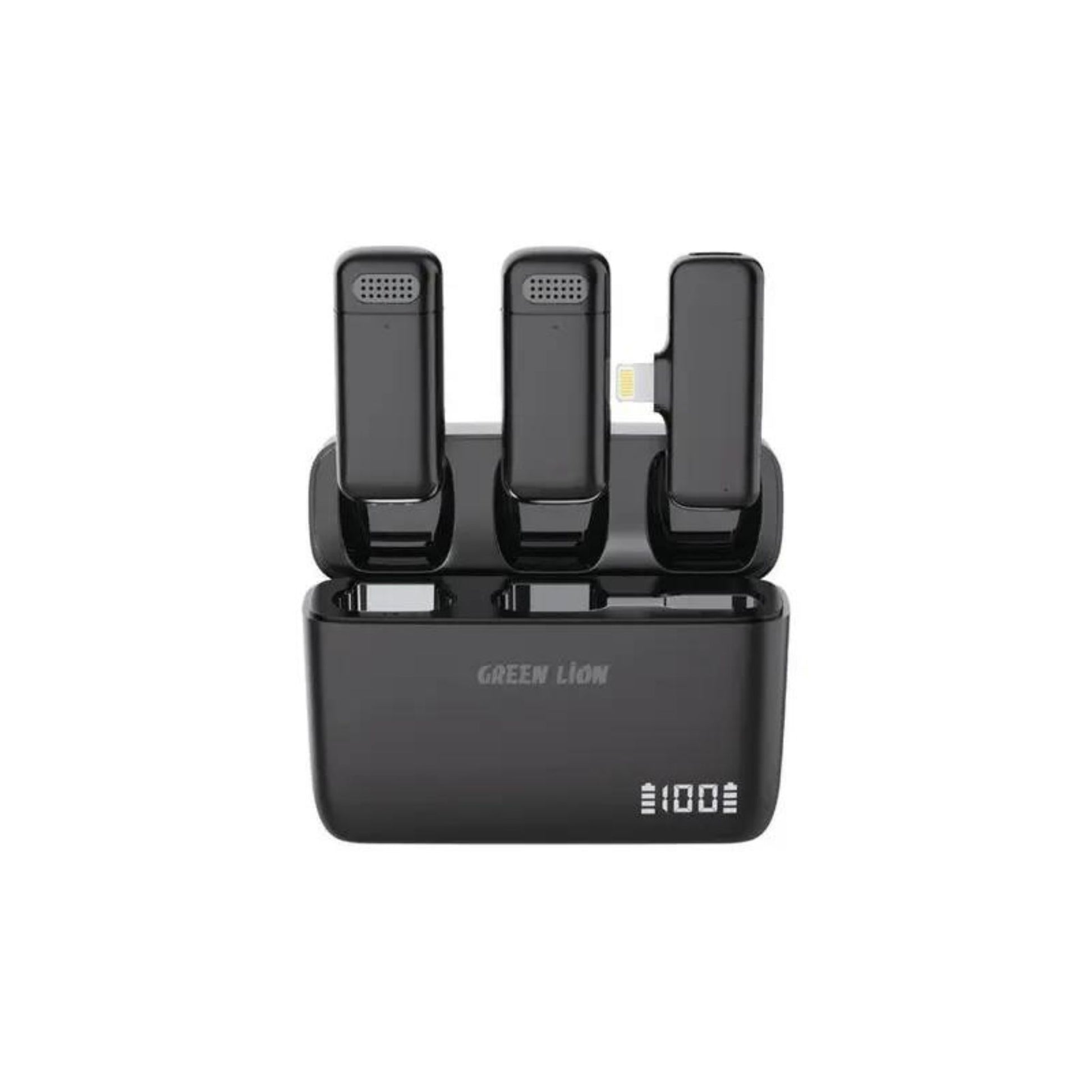 A wireless microphone set in black color, with the Green Lion brand visible on the charging case.