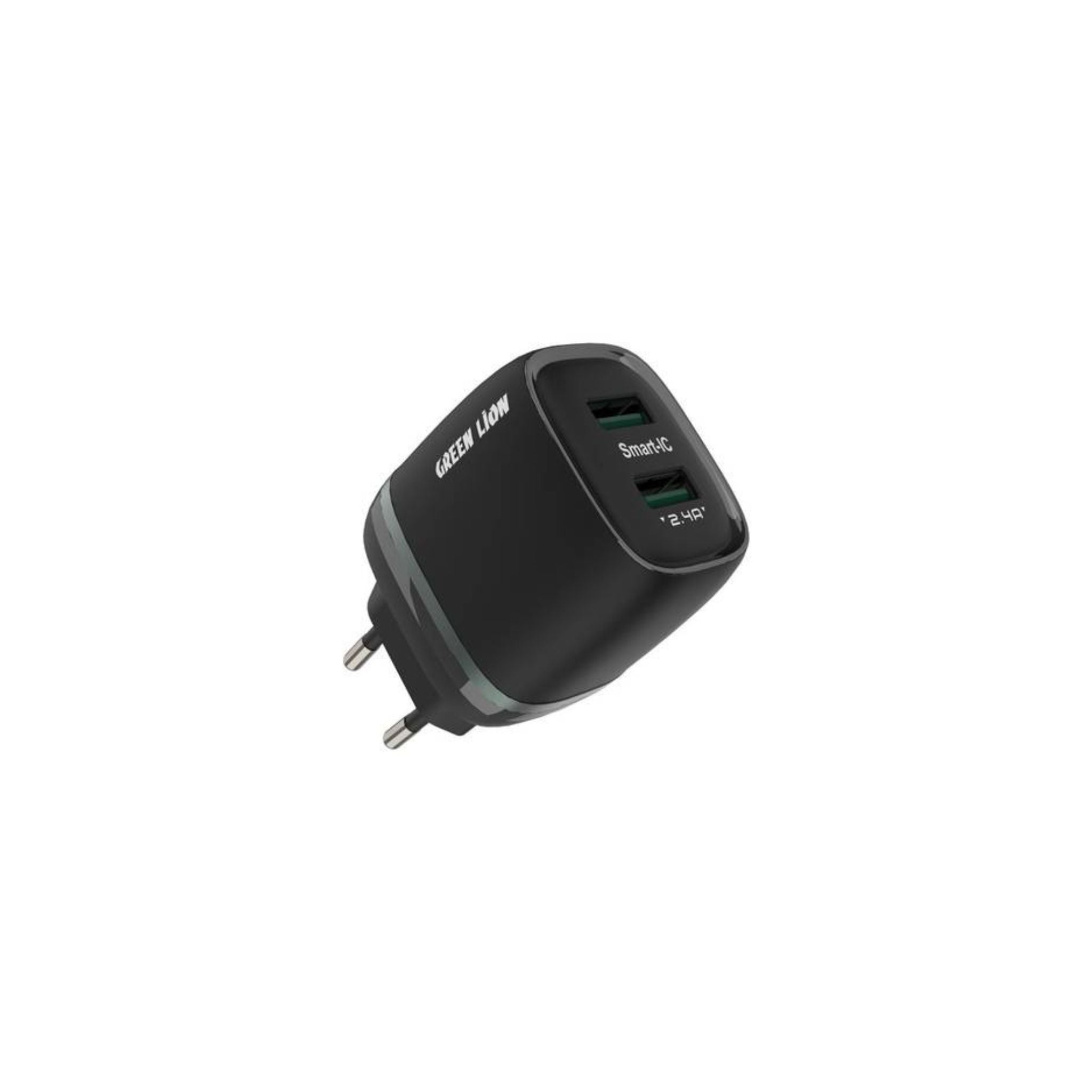 A black Green Lion Dual USB wall charger with a label showing the brand and the inclusion of a USB-A to Lightning cable.