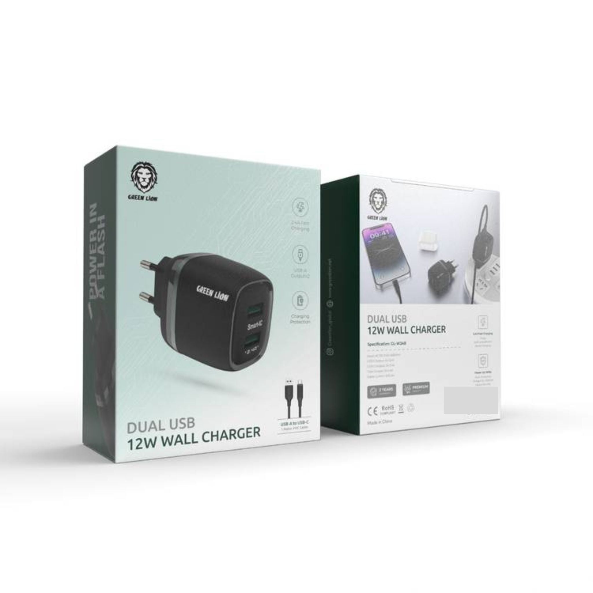 Green Lion 2Usb 2.4A Chargers+Usb-Tc Cable 1M Eu Plug Dark Green