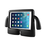 Black tablet stand holding a tablet with a white screen on a white background