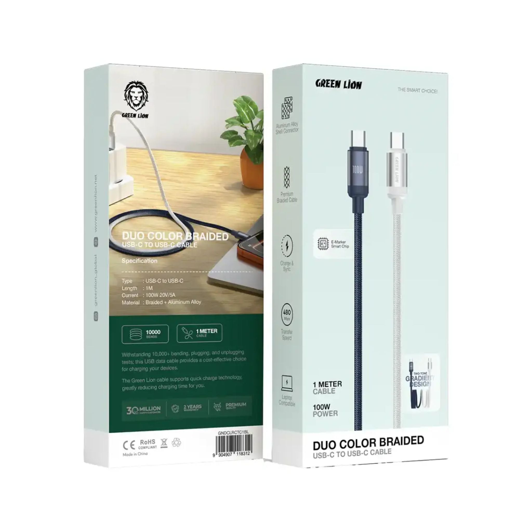 Green Lion 100W  DUO COLOR BRAIDED USB-C TO  USB-C CABLE 1M - White+Blue