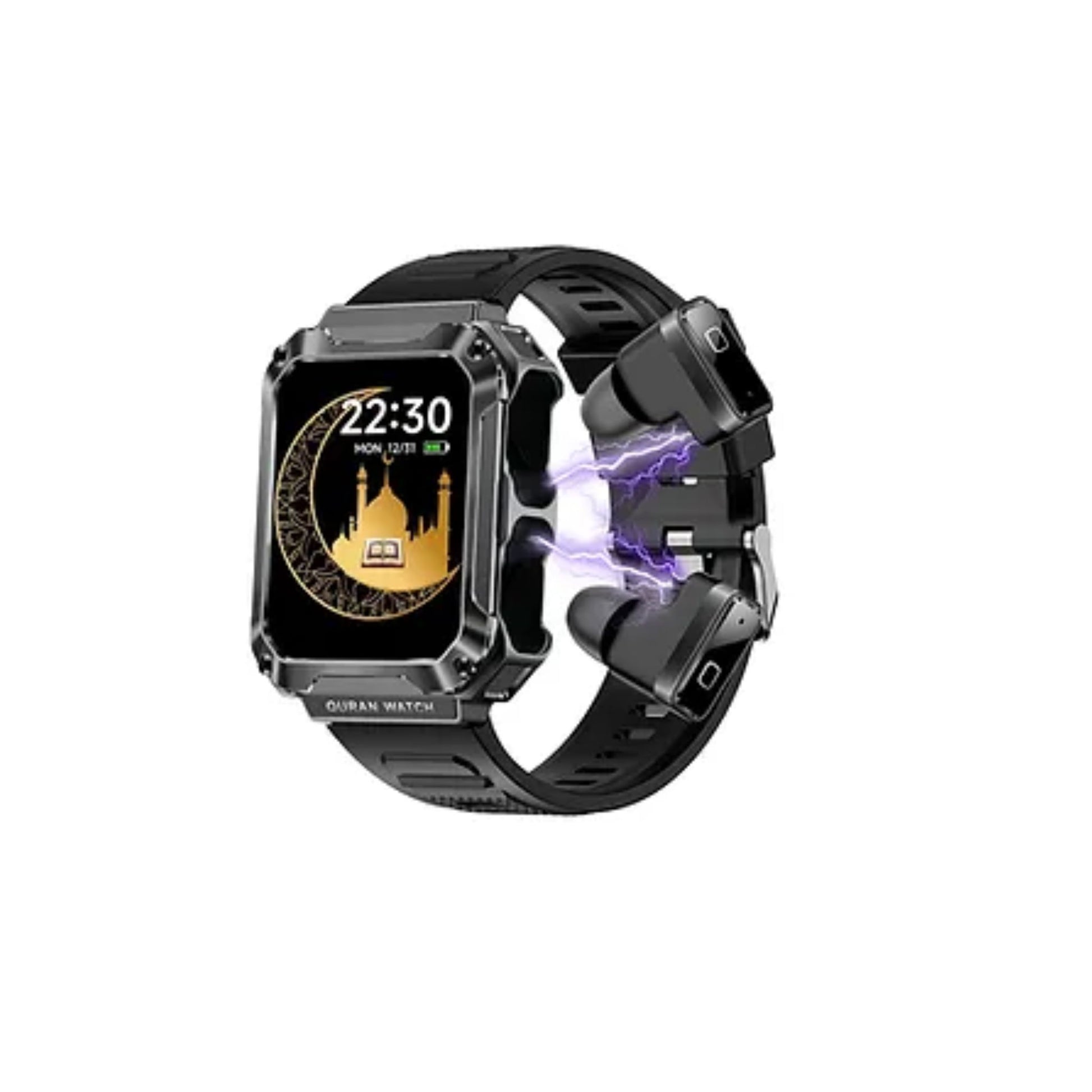 A digital smartwatch with a large square-shaped AMOLED display, featuring a black casing and a pair of attached Bluetooth earbuds. The watch displays the time and has touch controls visible.