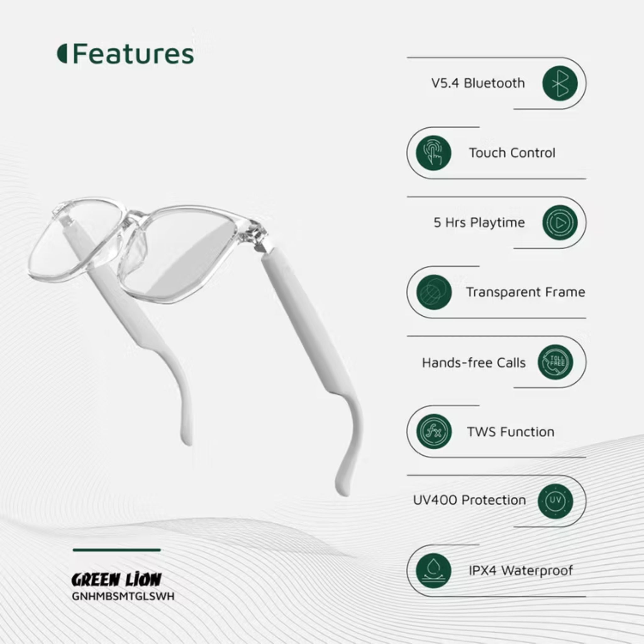 Green Lion Stockholm Smart Glasses – Touch Control, UV400, Mic, Remote Camera, Voice Assistant, Photochromic Polarized Lenses, Anti-Blue Light, 5H Playtime, 1.5H Magnetic Charge, 10m Range – Black