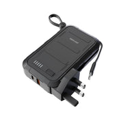 A black Porodo 10000mAh wall charger power bank with built-in USB-C and Lightning cables, displaying various output options.
