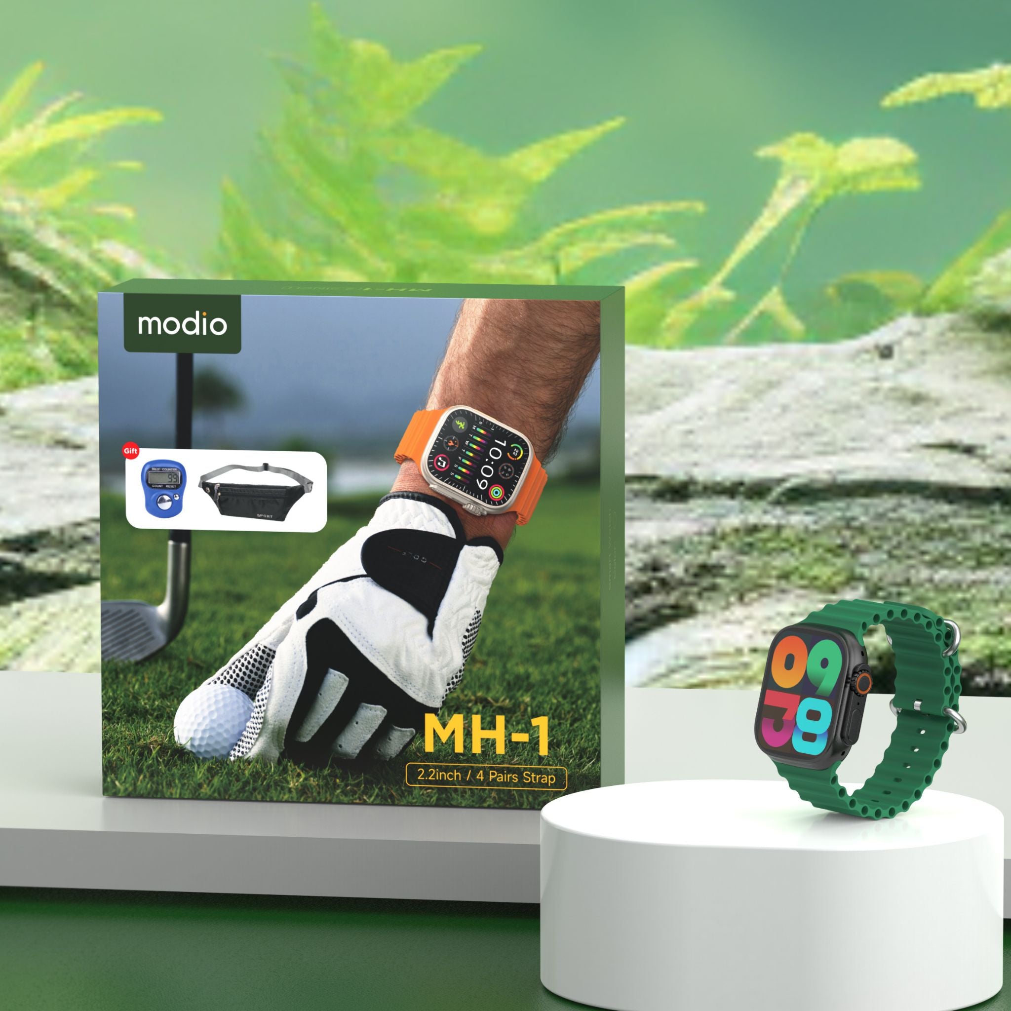Modio MH-1 Wireless Charging Smartwatch – 2.2" Large Display, 4 Straps Included, Bluetooth 3.0, NFC, Voice Assistant, Built-in Speaker & Mic, Multi-Sport Modes, Health & Fitness Tracking, Waterproof Zinc Alloy Body – Black