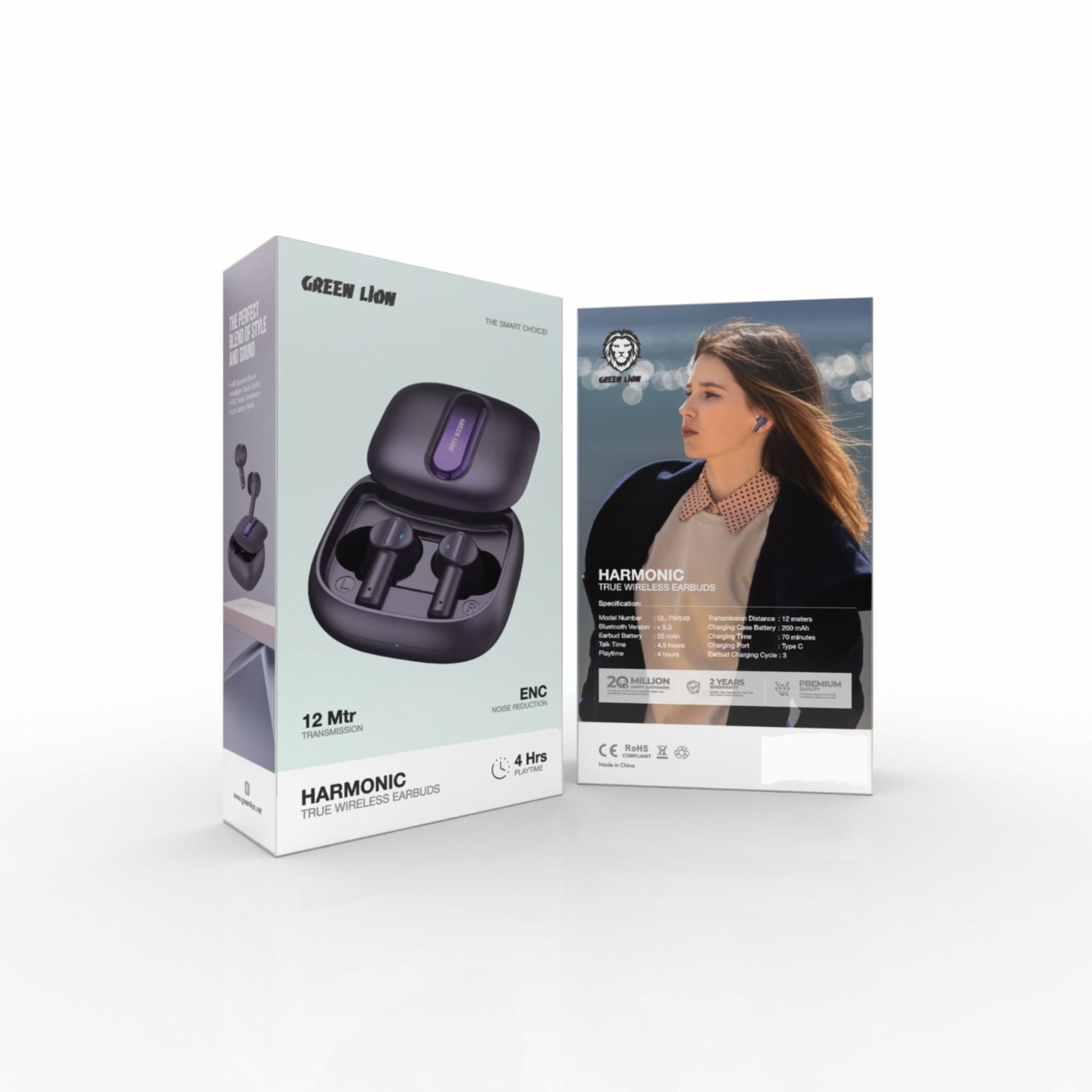 Green Lion Harmonic True Wireless Earbuds with IPX4 Water Resistance, Bluetooth Version 5.3, Multi-Function Touch, 4.5 Hours Talking Time, 4 Hours Playtime, ENC Noise Reduction - Purple