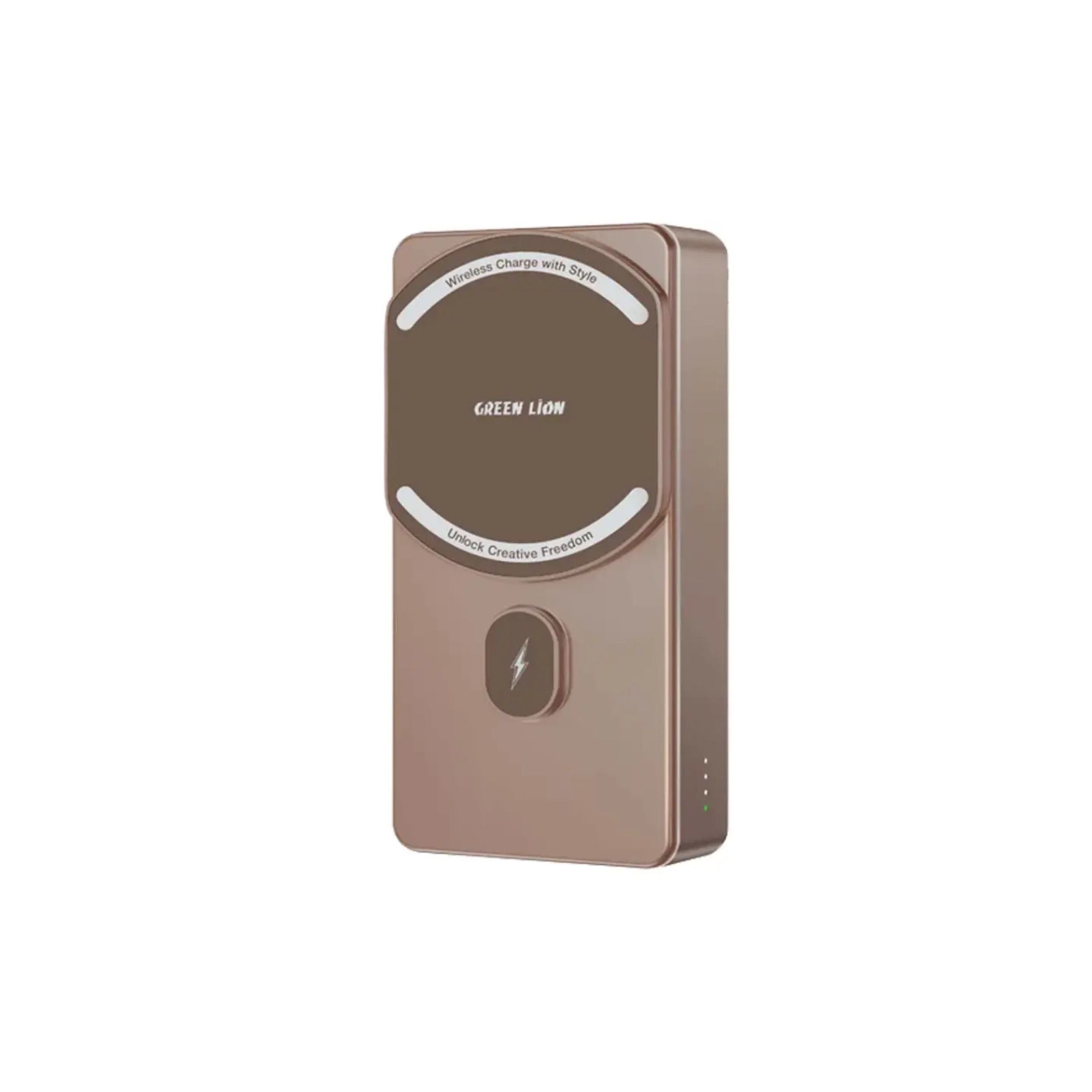 Brown portable charger with 'Green Lion' branding on a white background