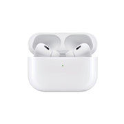 White wireless earbuds in a charging case on a white background