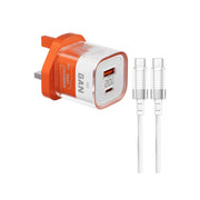 Porodo Crystal Shell GaN Wall Charger with 1.2m USB-C to USB-C Cable, Simultaneous Charging, 20W Power Delivery, Overheat Protection, 18W USB-A Output - Orange