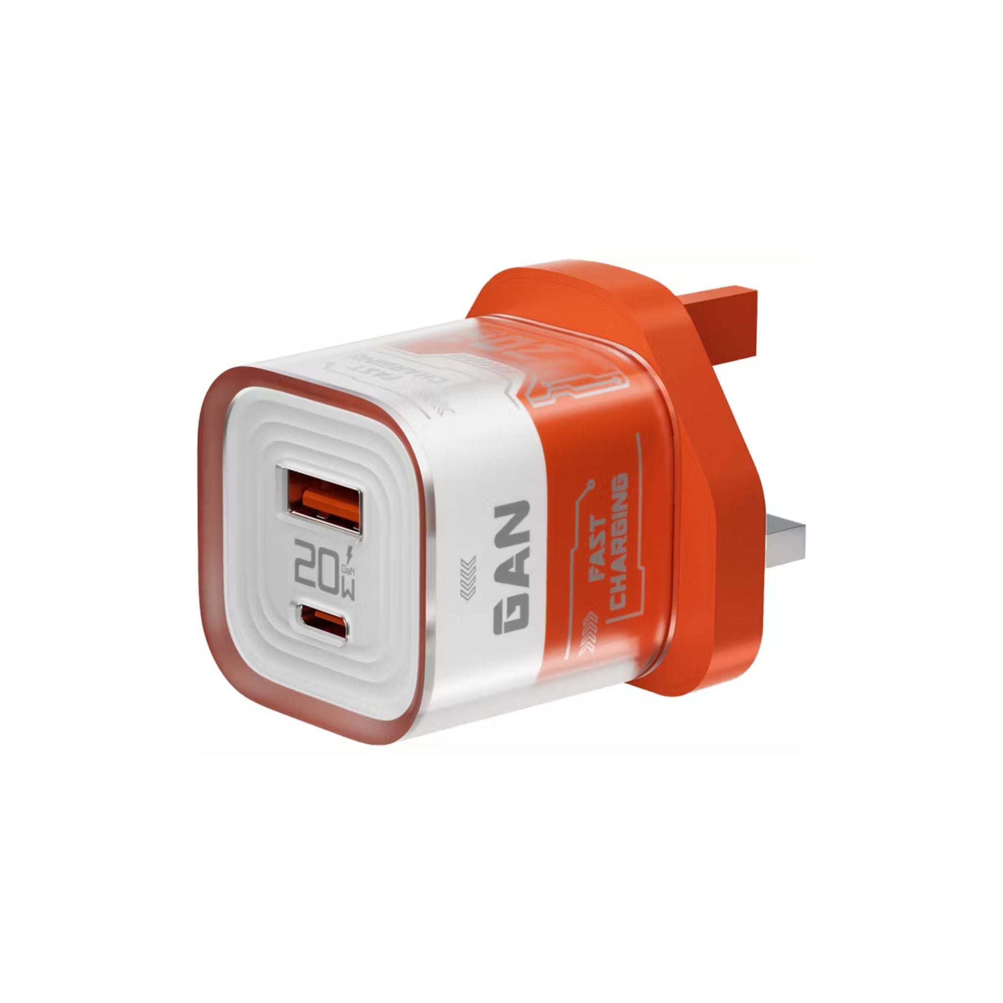 Porodo Crystal Shell GaN Wall Charger with 1.2m USB-C to USB-C Cable, Simultaneous Charging, 20W Power Delivery, Overheat Protection, 18W USB-A Output - Orange