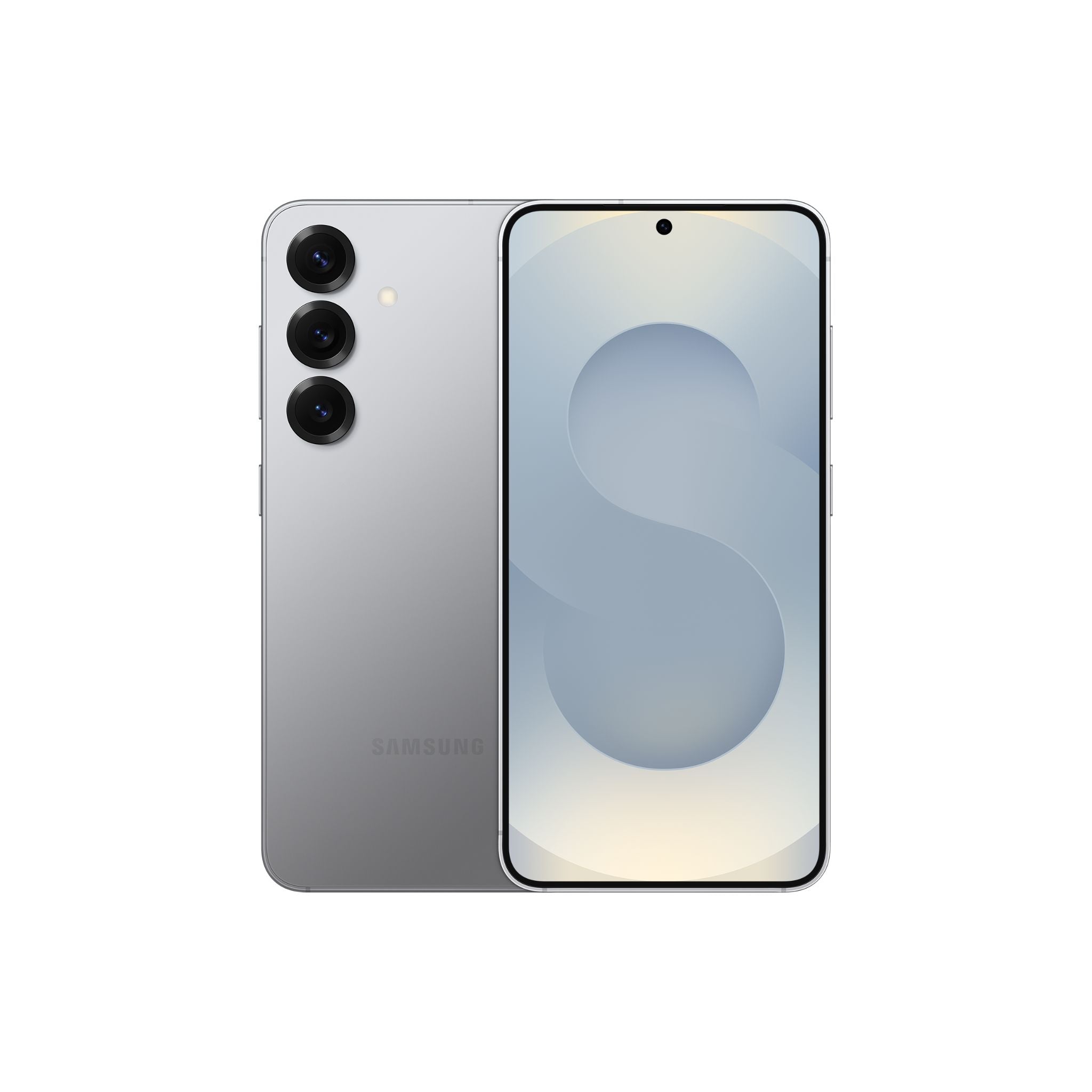 SAMSUNG Galaxy S25 smartphone in silver color, displaying its front screen and rear camera setup.