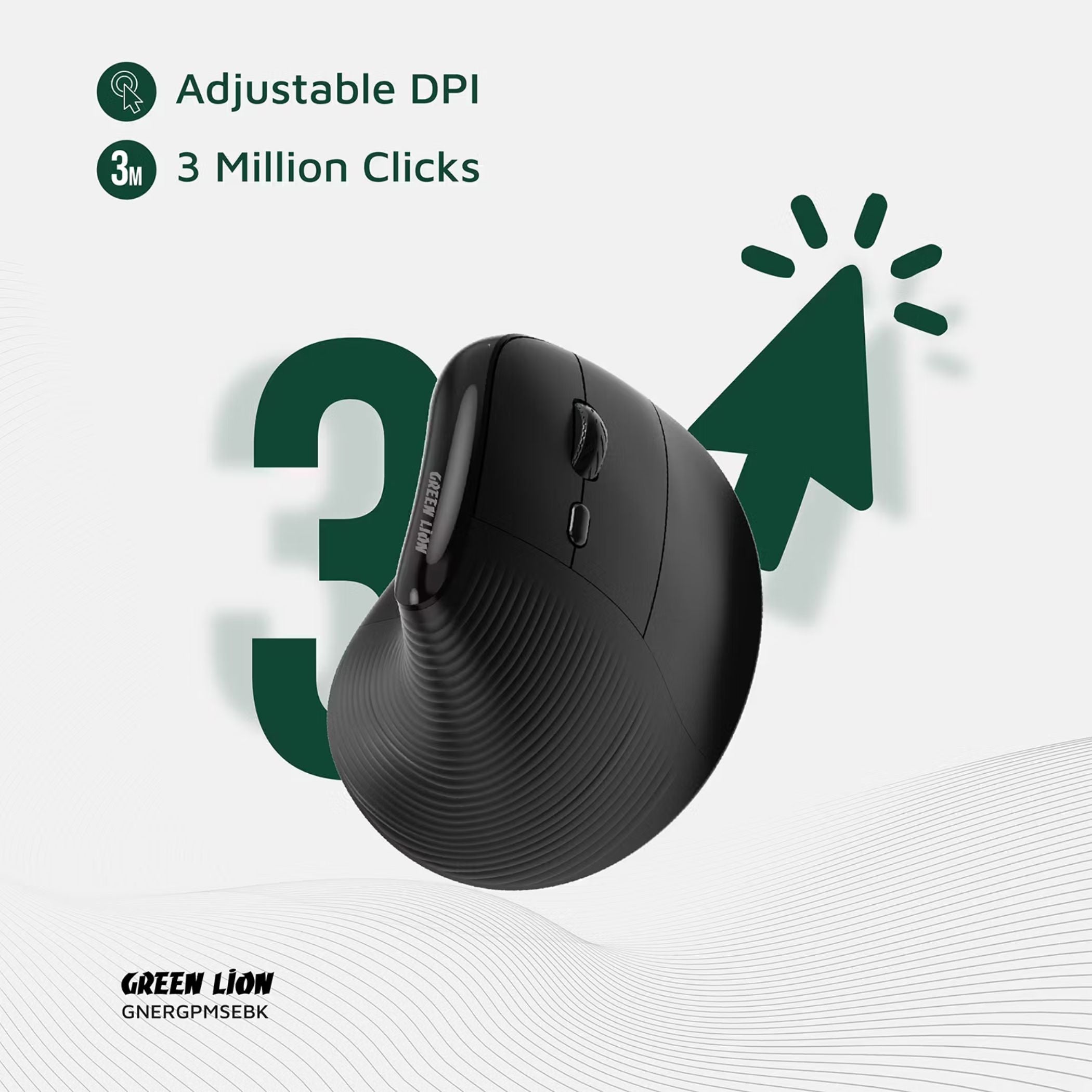 Green Lion Ergo Grip Vertical Mouse with Adjustable DPI, Multi-Device Pairing, 2 Hours Charging Time, 30 Hours Working Time, 60cm Type-C Cable Length, 10m Transmission Distance - Black