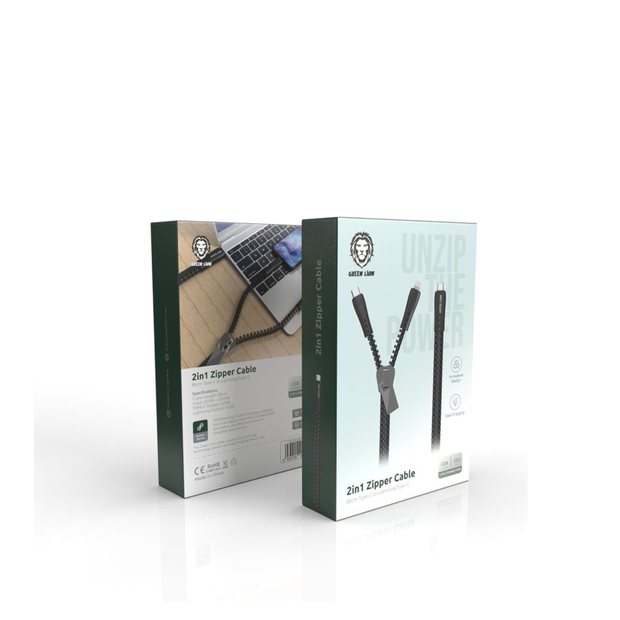 Green Lion 2 in 1 Zipper Cable ( Type-C to Lightning/Type-C ) 85CM - Black